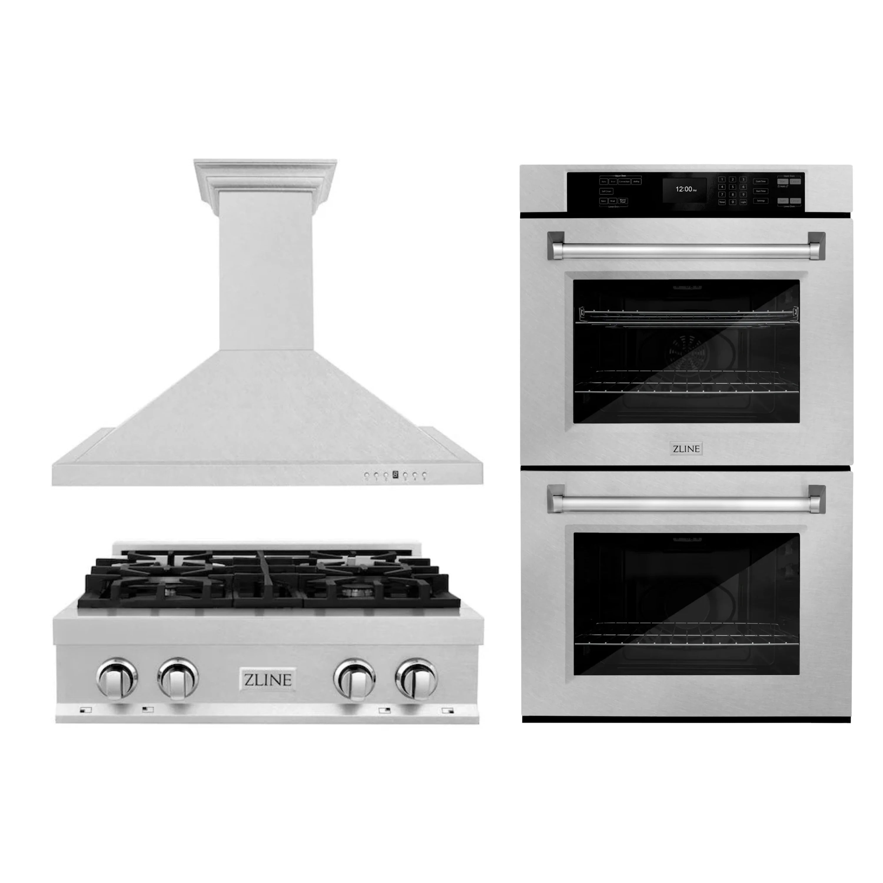 3-piece appliance package: range hood, gas cooktop, and double wall ovens