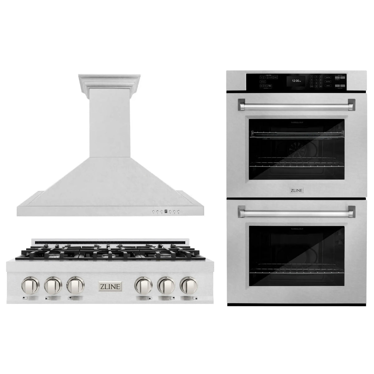 ZLINE 3-Piece Appliance Package - 36-Inch Rangetop, Wall Mount Range Hood, Double Wall Oven in Satin Stainless Steel (3KP-RTSRH36-AWD)