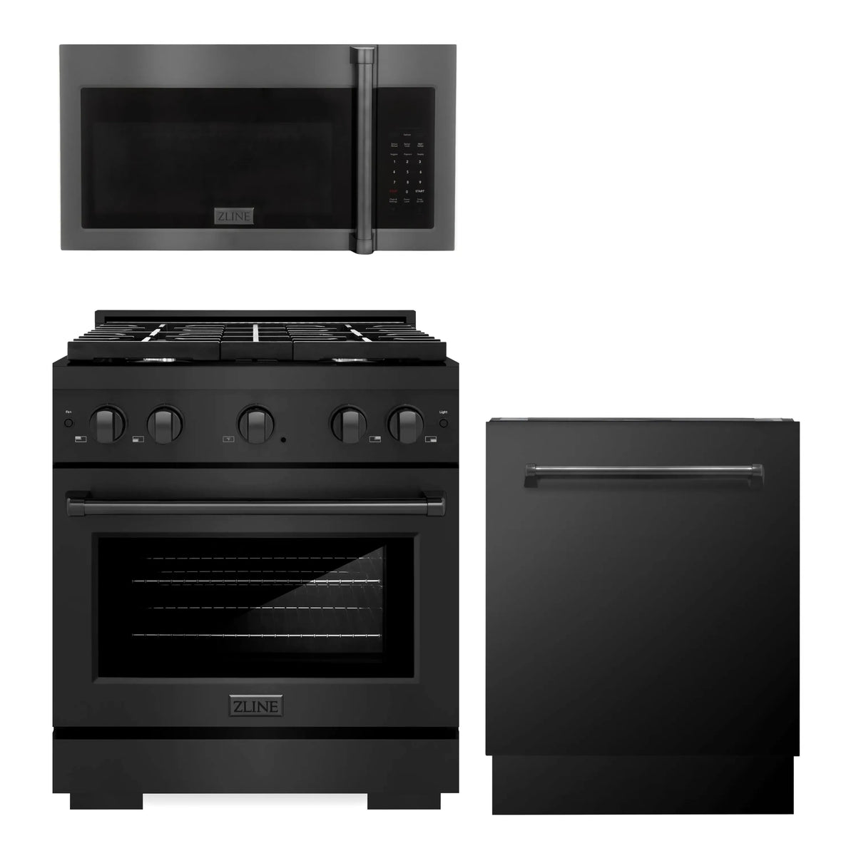 ZLINE 3-Piece Appliance Package - 30-Inch Gas Range, Over-the-Range Microwave/Vent Hood Combo, and 3-Rack Dishwasher in Black Stainless Steel (3KP-SGRBOTRH30-DWV)