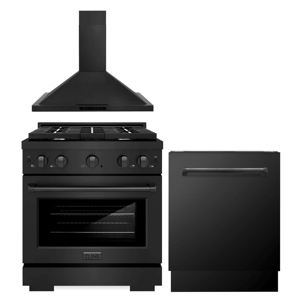 ZLINE 3-Piece Appliance Package - 30-Inch Gas Range, Convertible Wall Mount Hood, and 3-Rack Dishwasher in Black Stainless Steel (3KP-SGRBRH30-DWV)