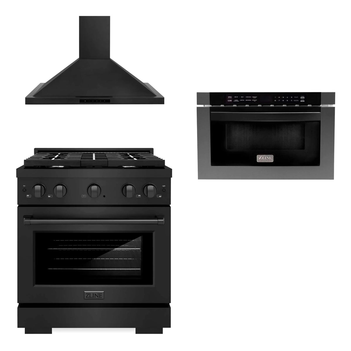 ZLINE 3-Piece Appliance Package - 30-inch Gas Range, Microwave Drawer & Convertible Wall Mount Range Hood in Black Stainless Steel (3KP-SGRBRH30-MW)