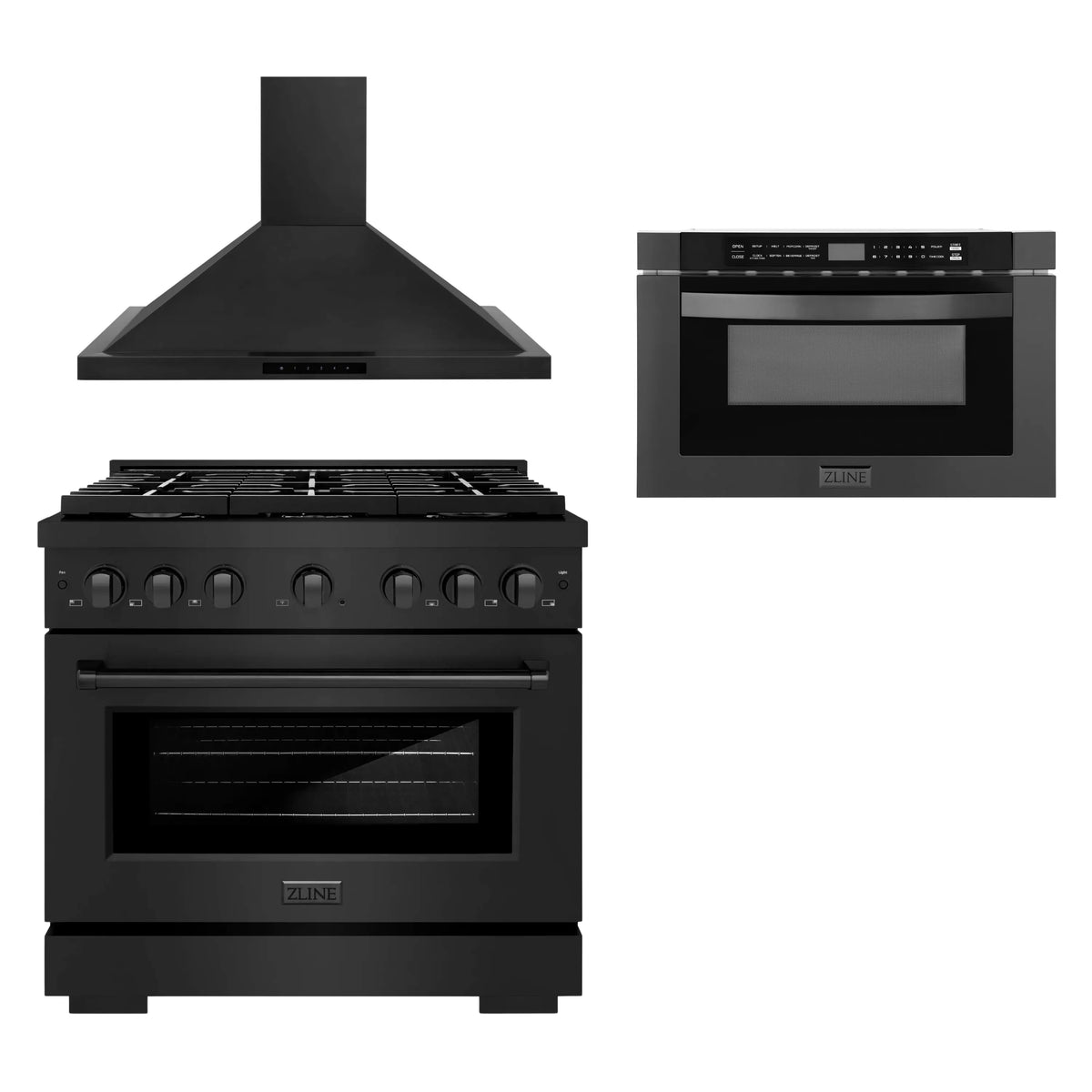 ZLINE 3-Piece Appliance Package - 36-inch Gas Range, Convertible Wall Mount Range Hood & Microwave Drawer in Black Stainless Steel (3KP-SGRBRH36-MW)