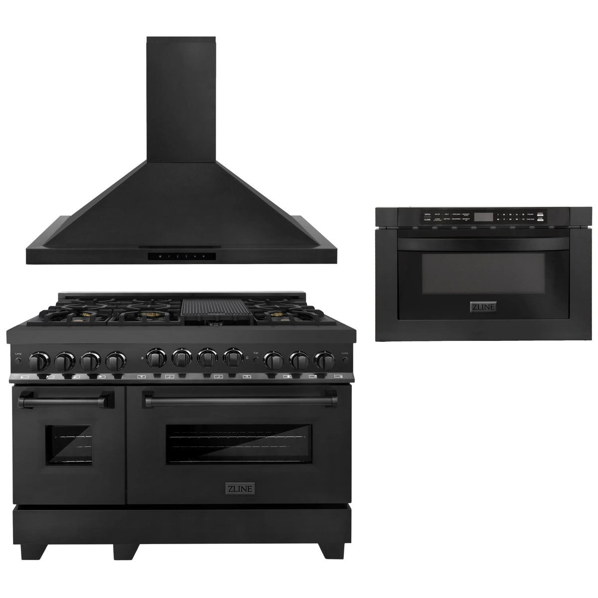ZLINE 3-Piece Appliance Package - 48-Inch Gas Range, Convertible Wall Mount Hood, and Microwave Drawer in Black Stainless Steel (3KP-SGRBRH48-MW)