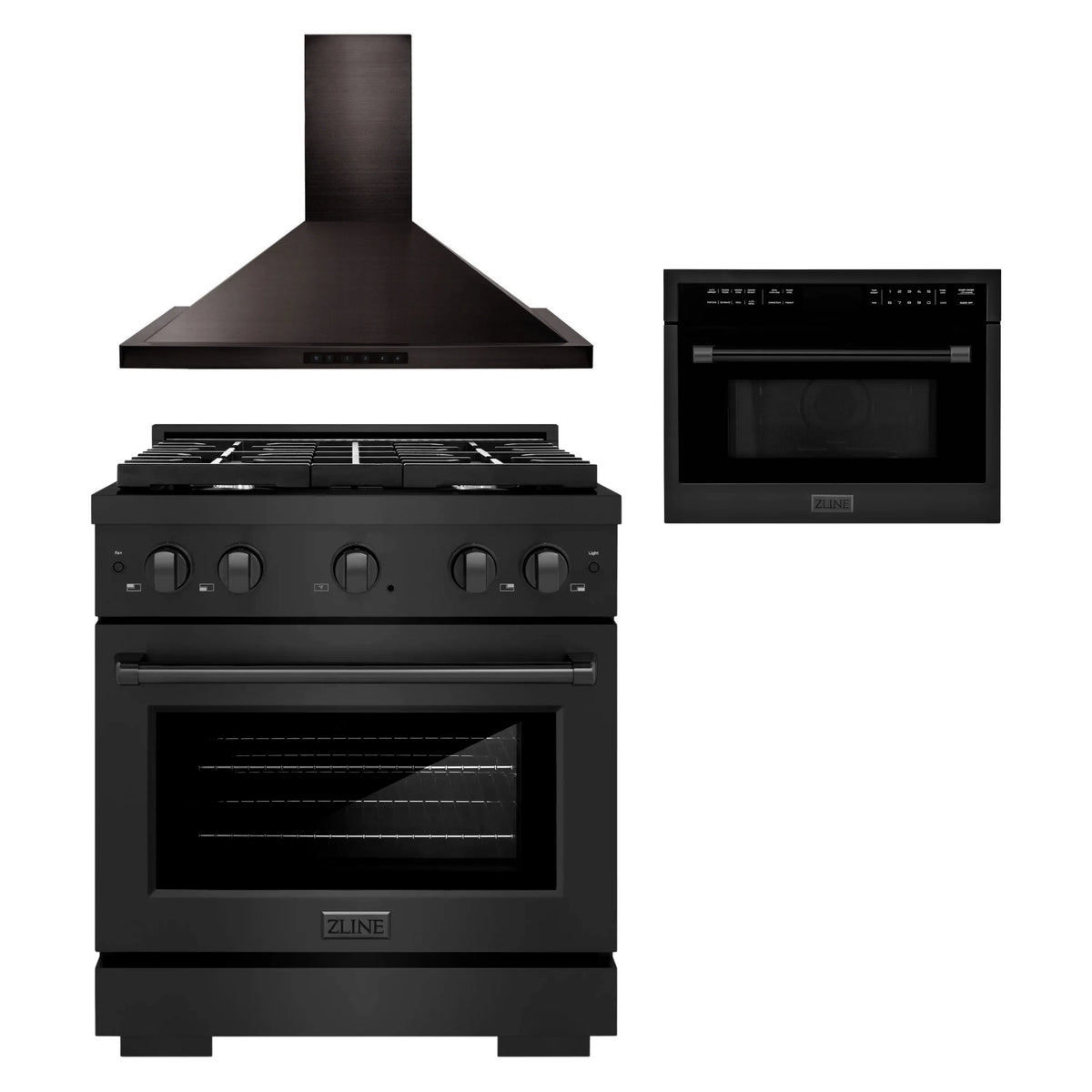 ZLINE 3-Piece Appliance Package - 30-Inch Gas Range, 24-Inch Microwave Oven & Convertible Wall Mount Hood in Black Stainless Steel (3KP-SGRBRHMWO-30)