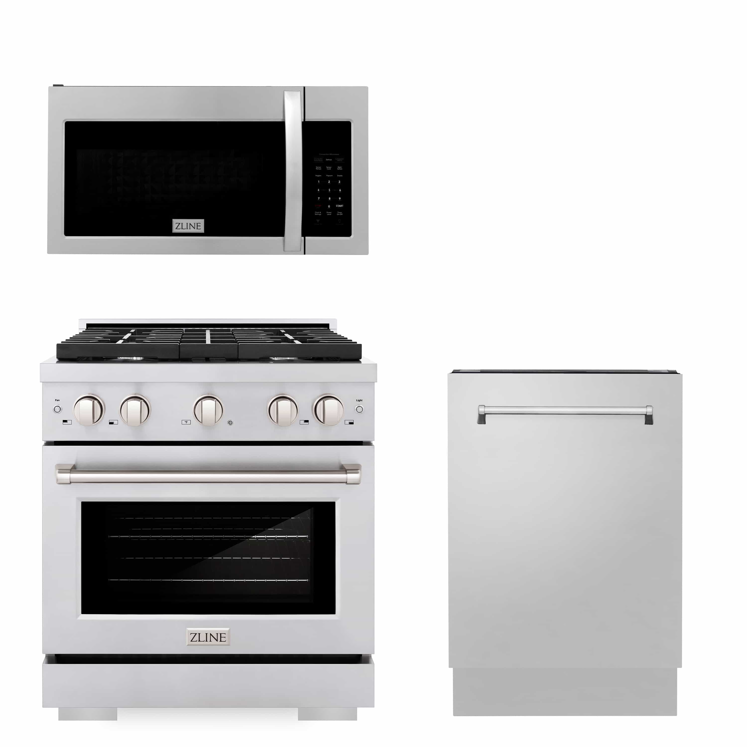 Stainless steel gas range, microwave, and tall tub dishwasher appliance package