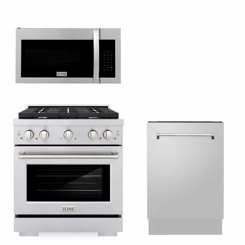 ZLINE Appliance Package - 30-Inch Stainless Steel Gas Range, Modern Over The Range Microwave and Tall Tub Dishwasher (3KP-SGROTR30-DWV)