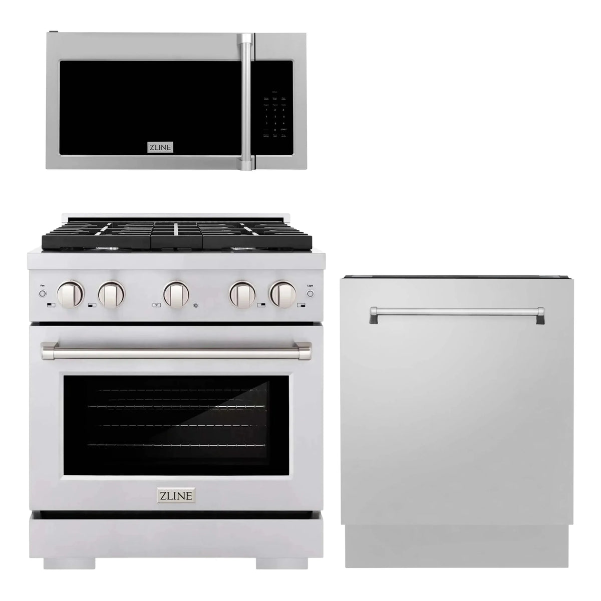 ZLINE 3-Piece Appliance Package - 30-inch Gas Range, Tall Tub Dishwasher & Over-the-Range Microwave (3KP-SGROTRH30-DWV)