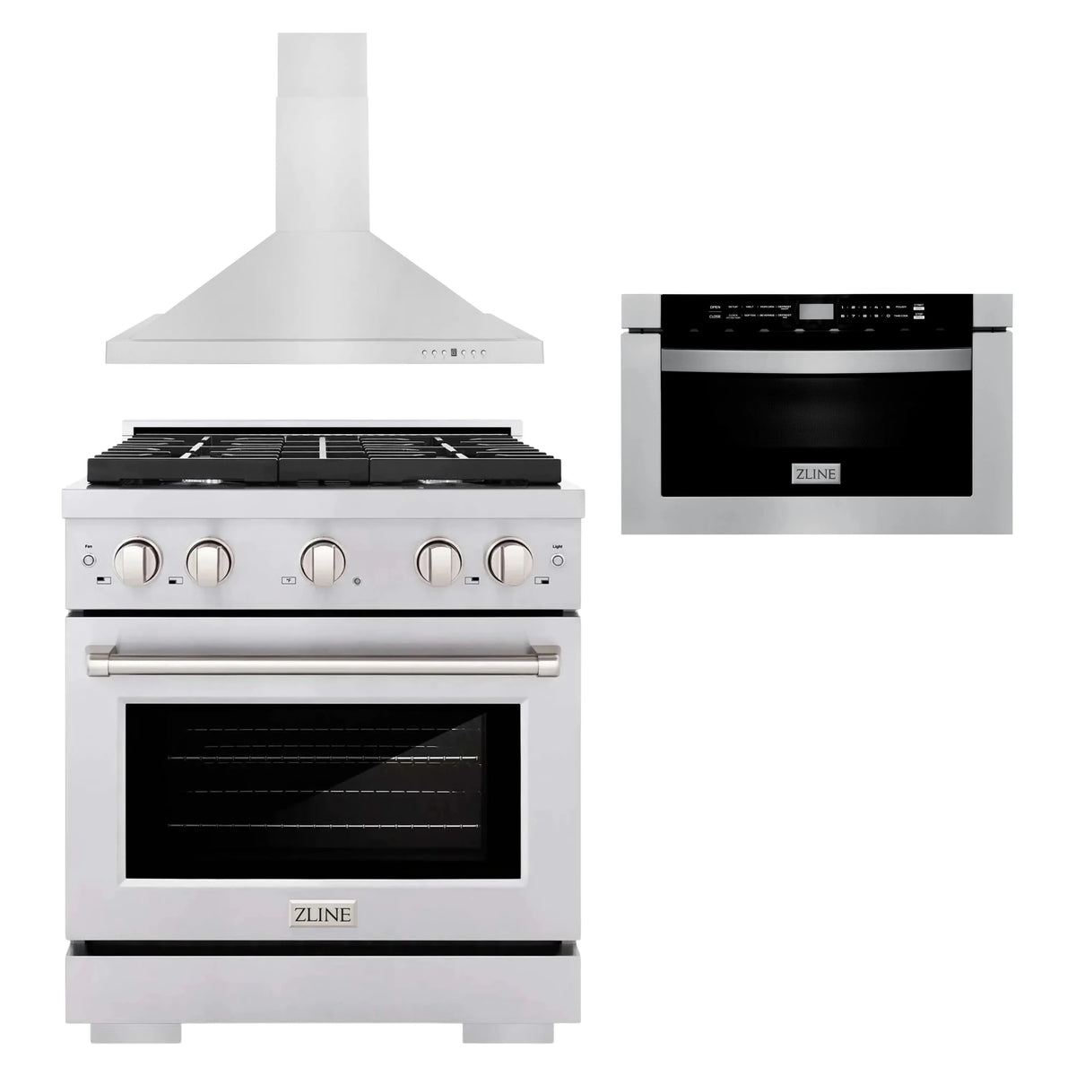 ZLINE 3-Piece Appliance Package - 30-inch Gas Range, Convertible Hood & Microwave Drawer in Stainless Steel (3KP-SGRRH30-MW)