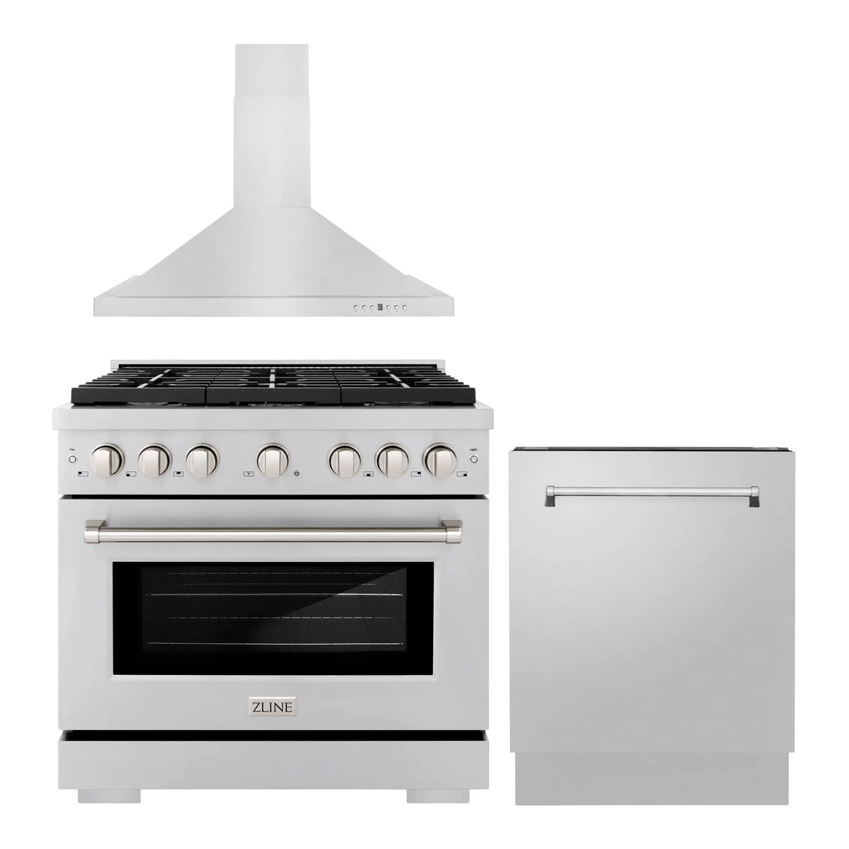 ZLINE 3-Piece Appliance Package - 36-inch Gas Range, Tall Tub Dishwasher & Premium Hood in Stainless Steel (3KP-SGRRH36-DWV)