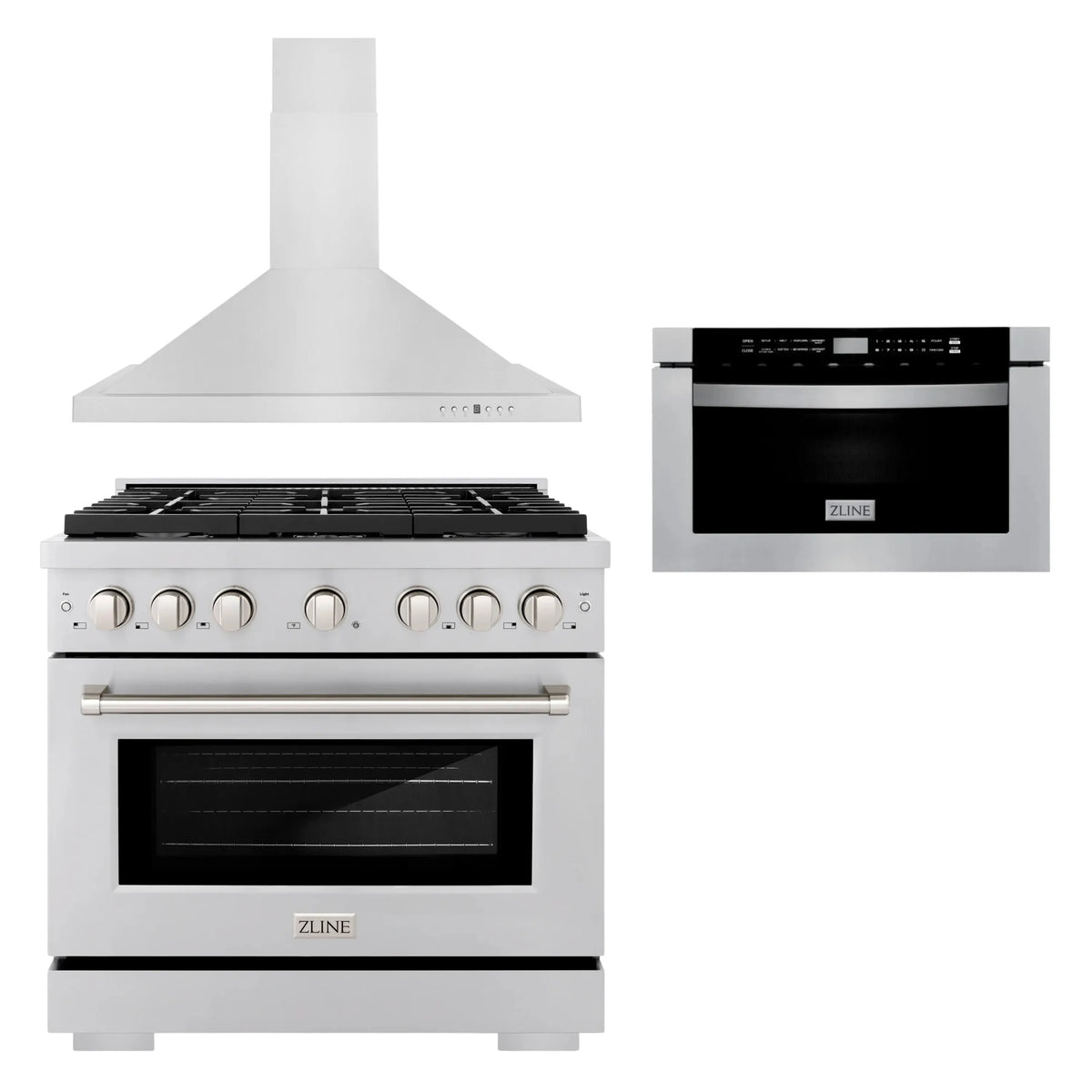 ZLINE 3-Piece Appliance Package - 36-Inch Gas Range, Premium Hood & Microwave Drawer in Stainless Steel (3KP-SGRRH36-MW)