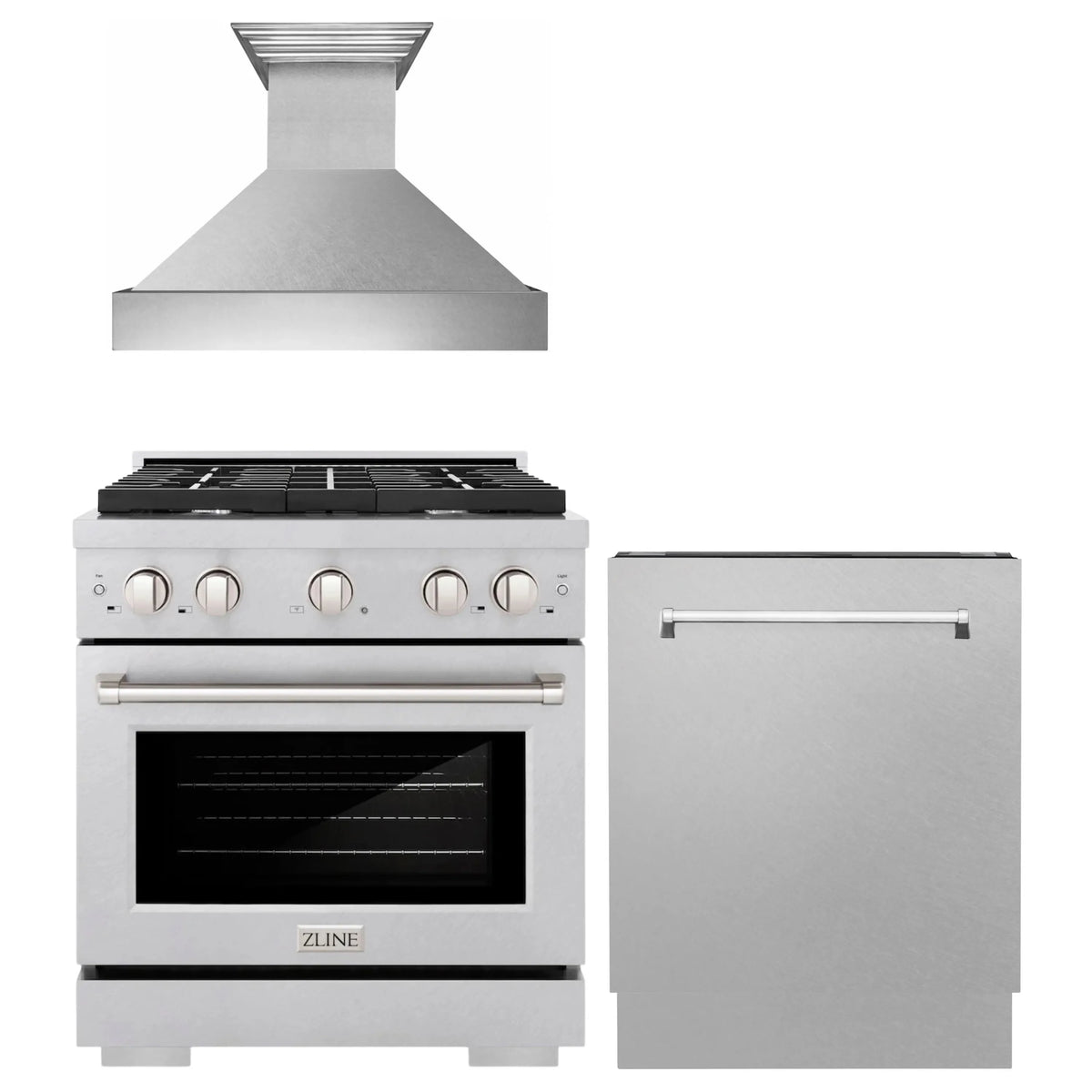ZLINE 3-Piece Appliance Package - 30-inch Gas Range, Tall Tub Dishwasher & Premium Wall Mount Hood in Satin Stainless Steel (3KP-SGRSRH30-DWV)
