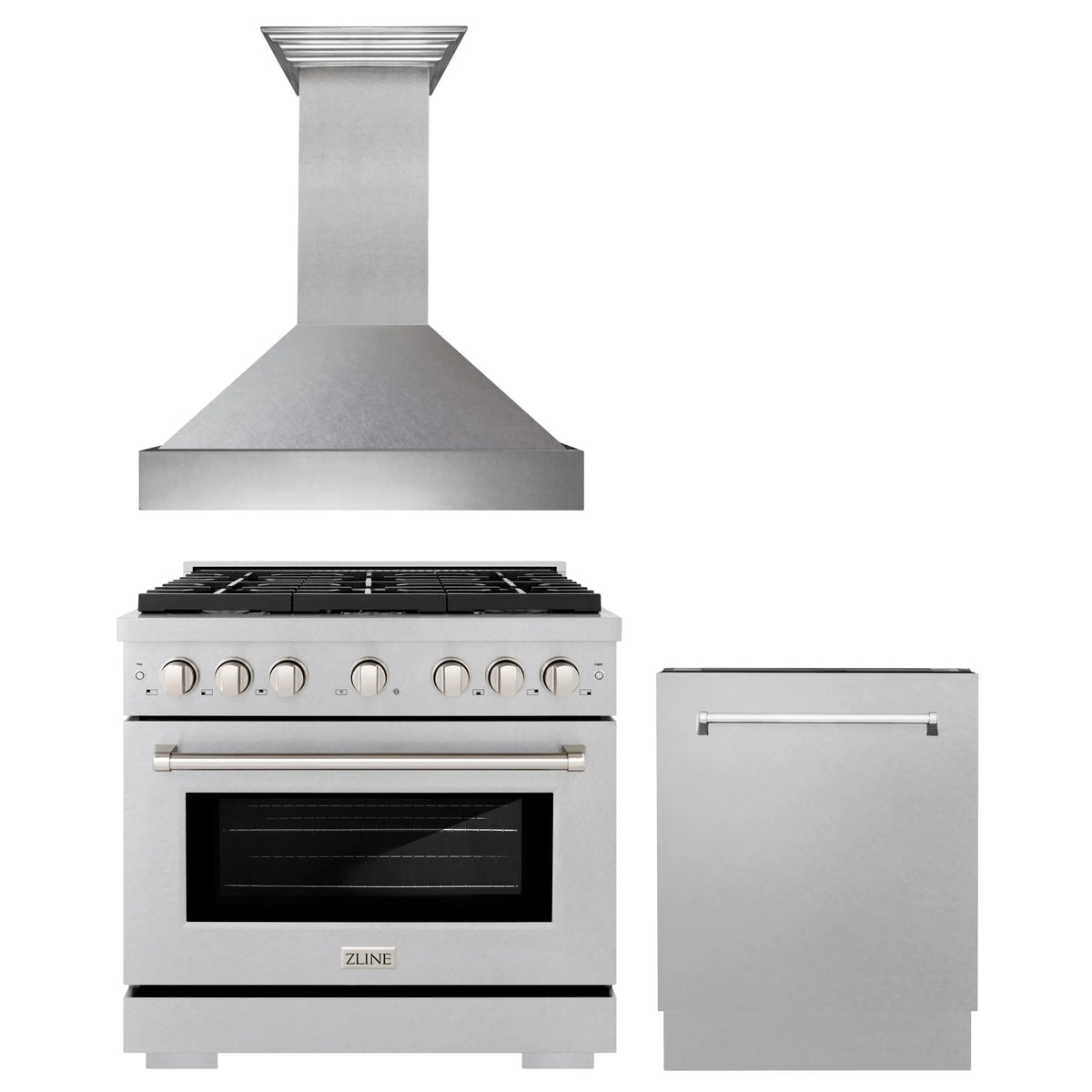 ZLINE 3-Piece Appliance Package - 36-inch Gas Range, Tall Tub Dishwasher & Premium Wall Mount Hood in Satin Stainless Steel (3KP-SGRSRH36-DWV)