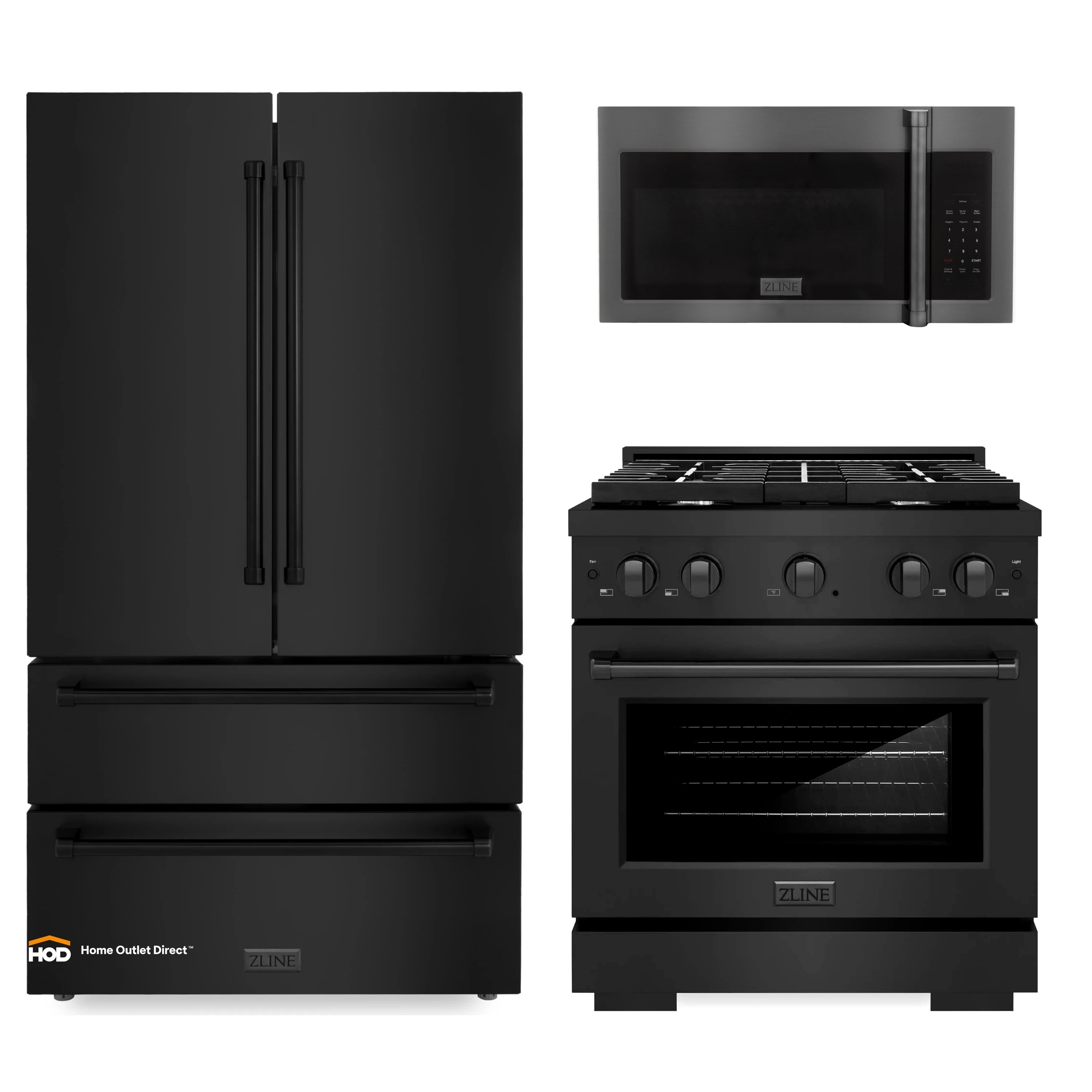 Black stainless refrigerator with microwave and over-the-range gas range