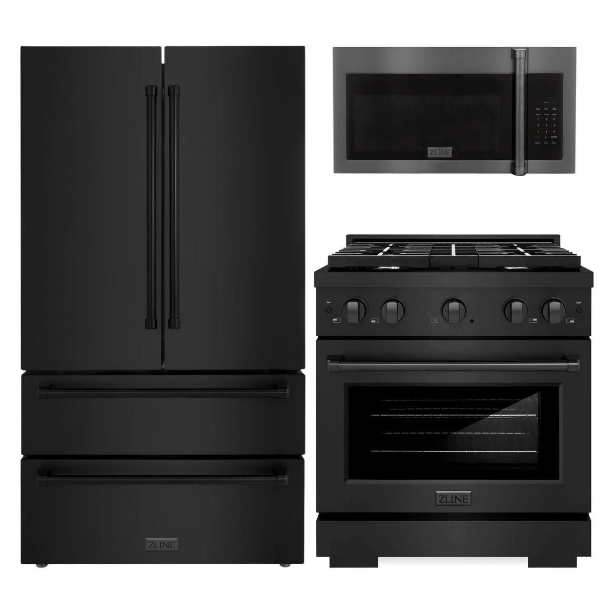 ZLINE 3-Piece Appliance Package - 30-inch Gas Range, 36-inch Refrigerator, Over the Range Microwave/Vent Hood Combo in Black Stainless Steel (3KPR-SGRBOTRH30)