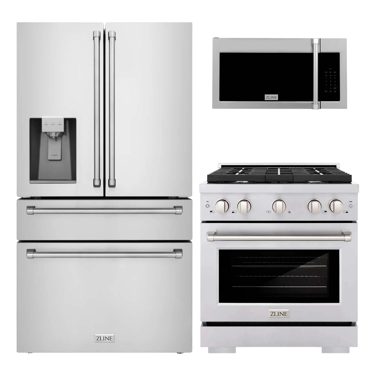 ZLINE 3-Piece Appliance Package - 30-Inch Gas Range, Refrigerator with Water Dispenser, & Over-the-Range Microwave/Vent Hood Combo (3KPRW-SGROTRH30)
