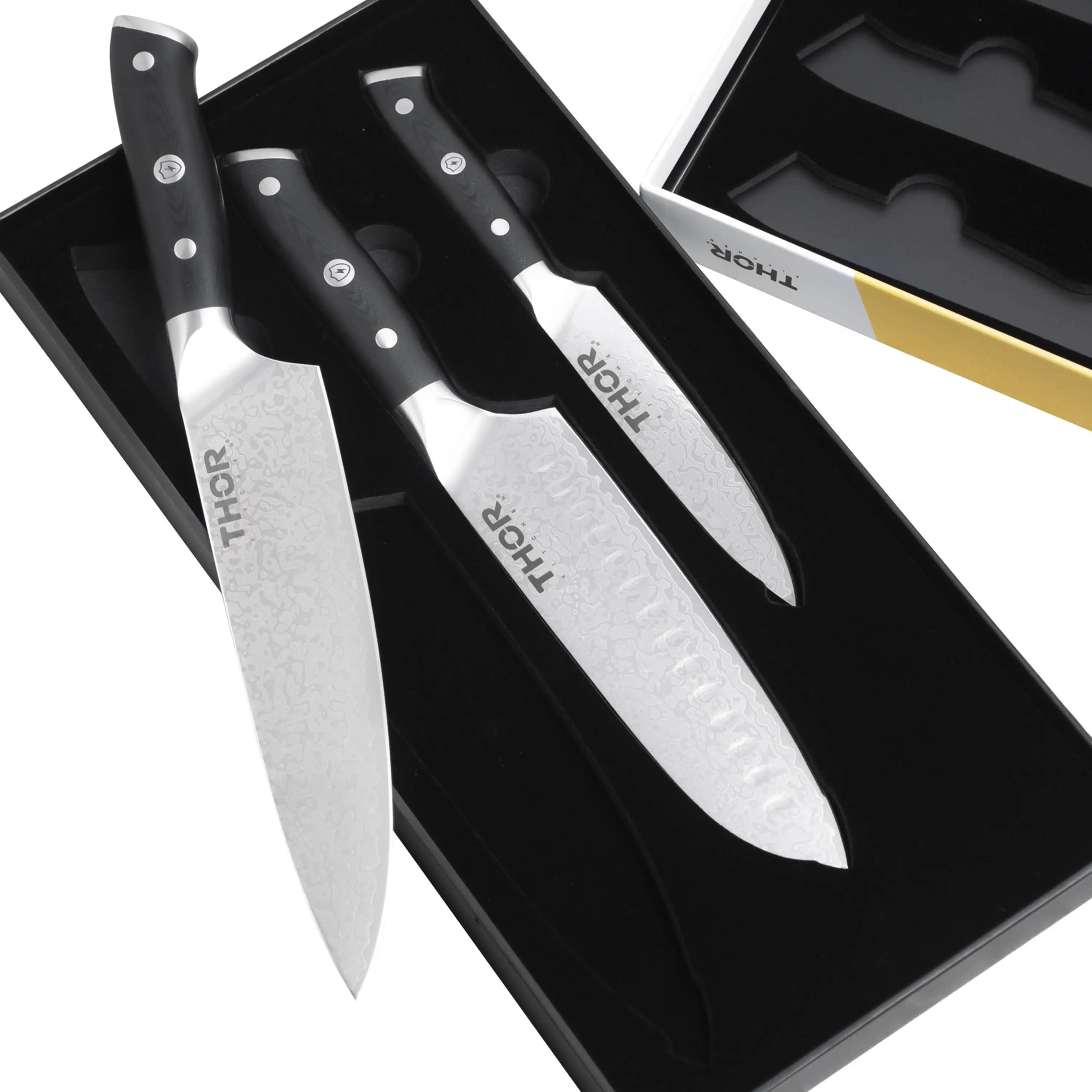 Knife set in black presentation box, Damascus blades with black handles