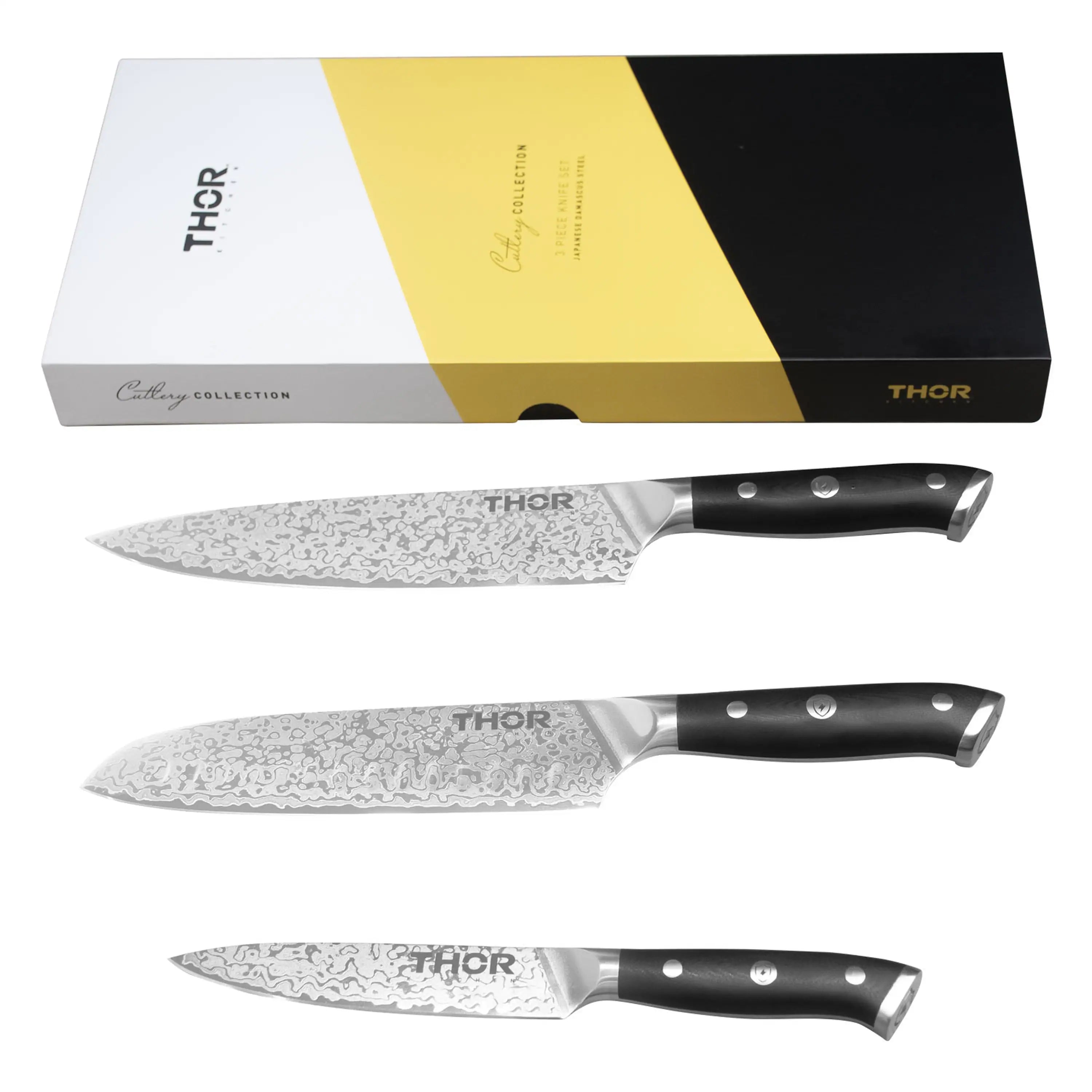 Damascus knife set with retail box and three knives, black handles and patterned steel