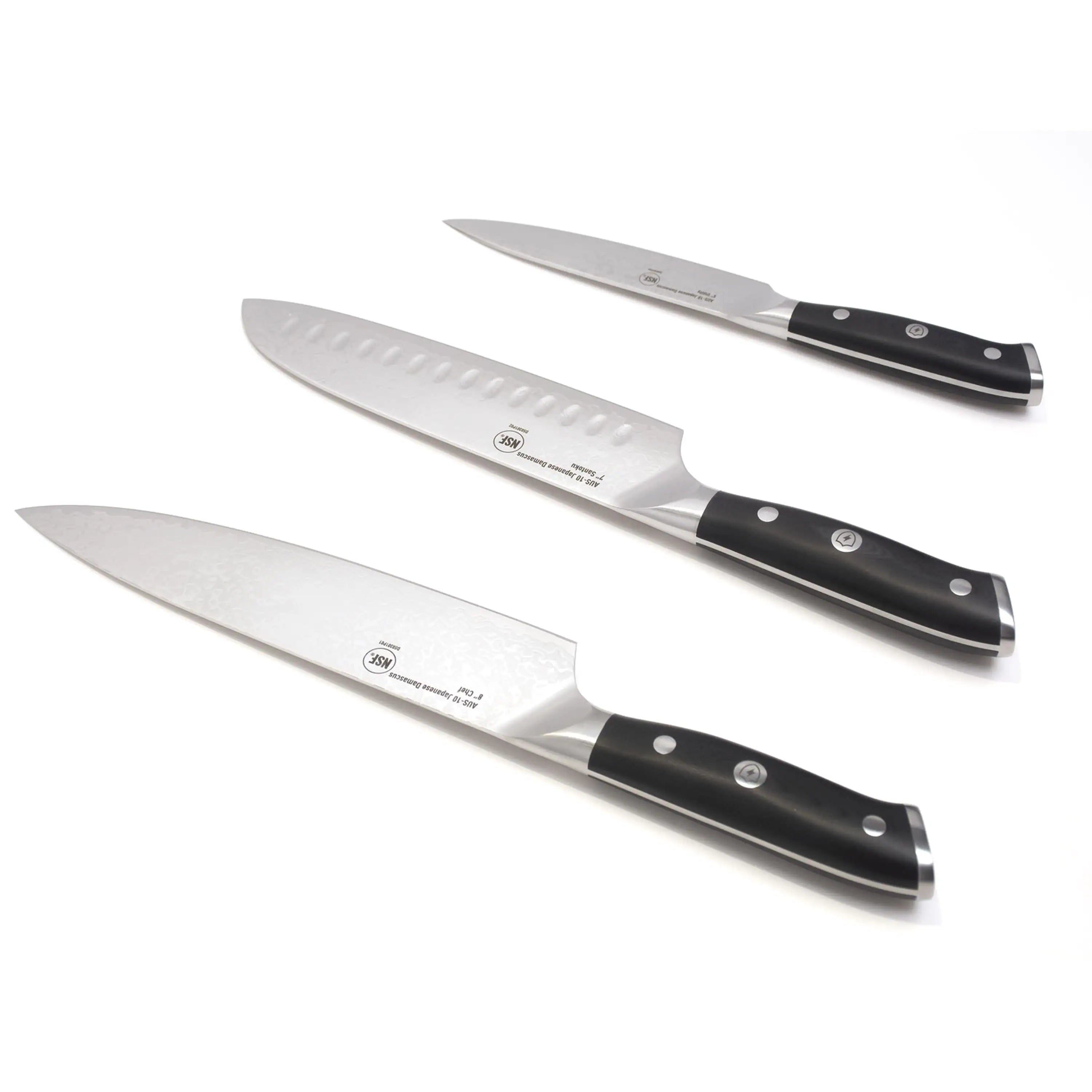 3-piece Damascus kitchen knives, black handles and silver patterned blades