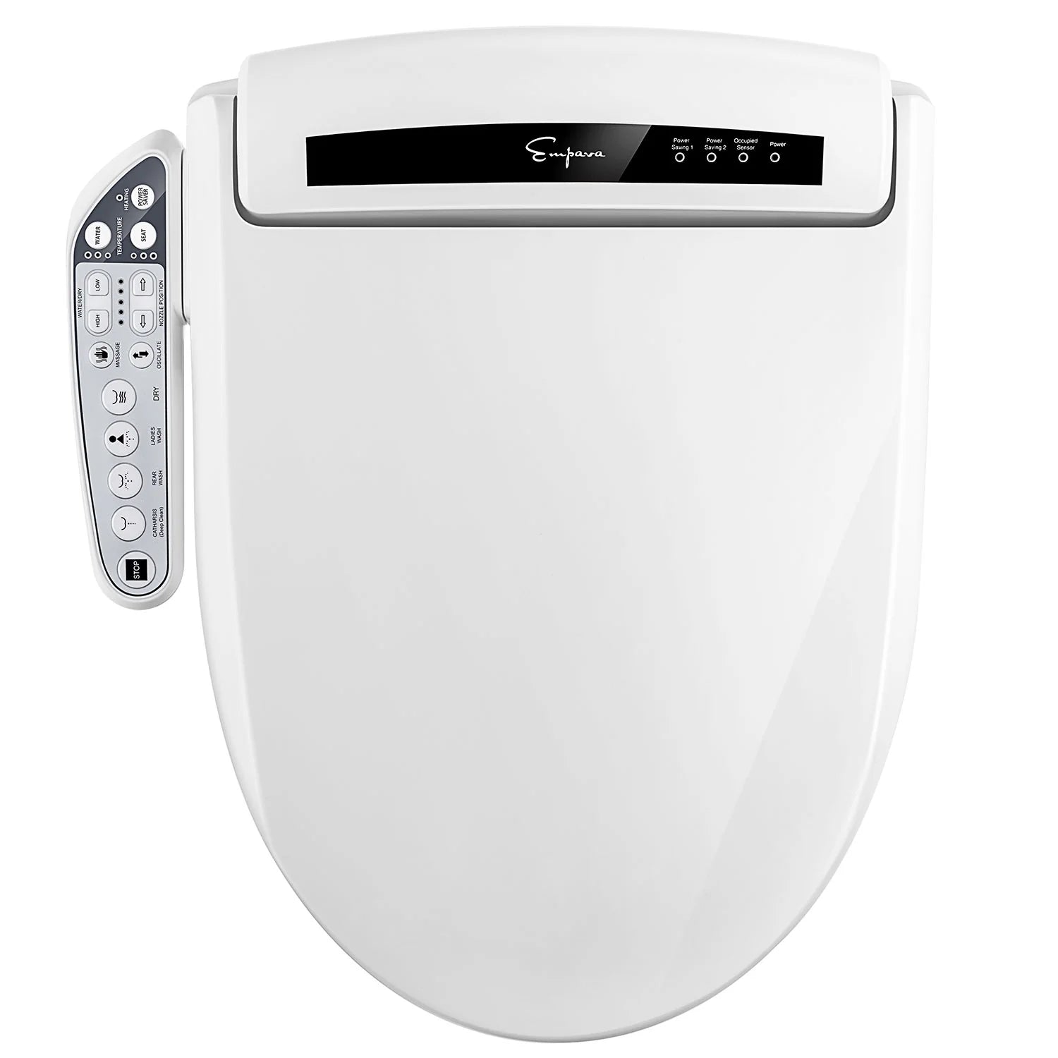 Electric bidet seat for elongated toilets, white with top control panel and side remote