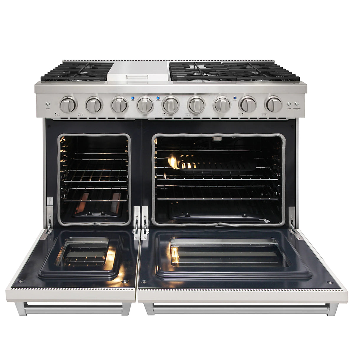 White gas range with two oven doors open and lit burners on the cooktop