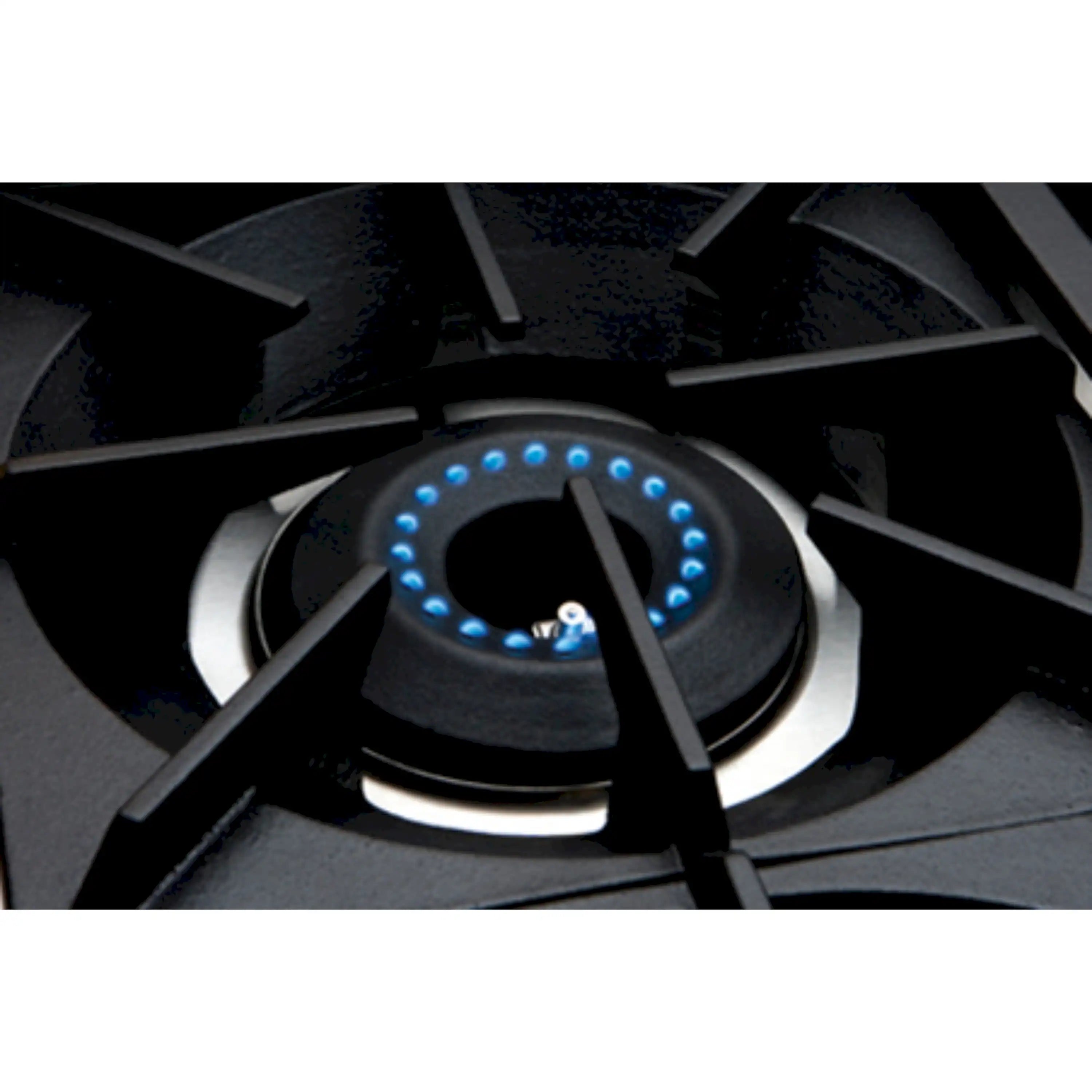 Cooktop burner with blue flame ring under cast-iron grate