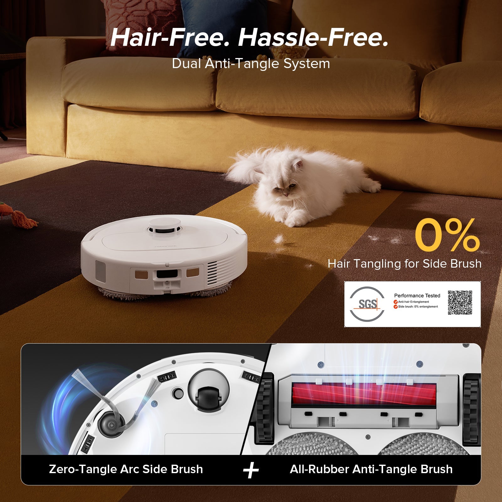 White robot vacuum on a couch with a pet, showing anti-tangle brush area