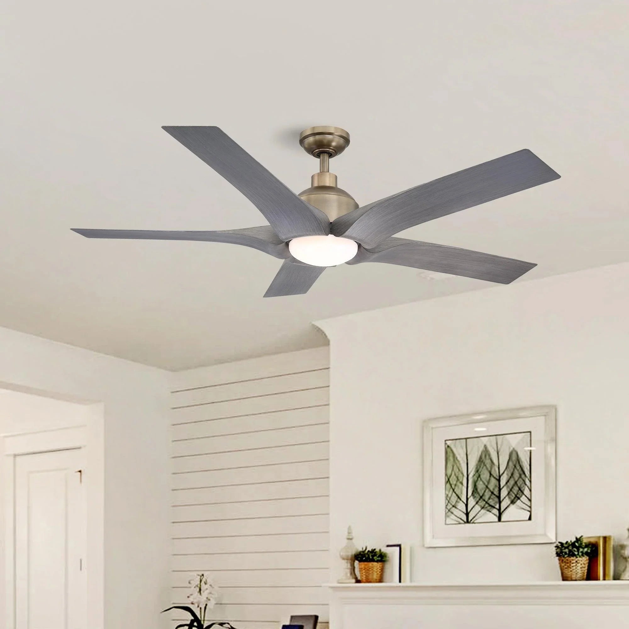 Ceiling fan with oil-rubbed bronze motor mount and gray blades with lit light