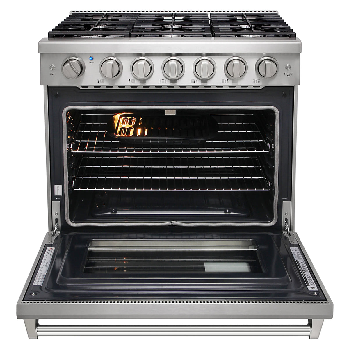 Stainless steel 6-burner propane gas range with open convection oven door