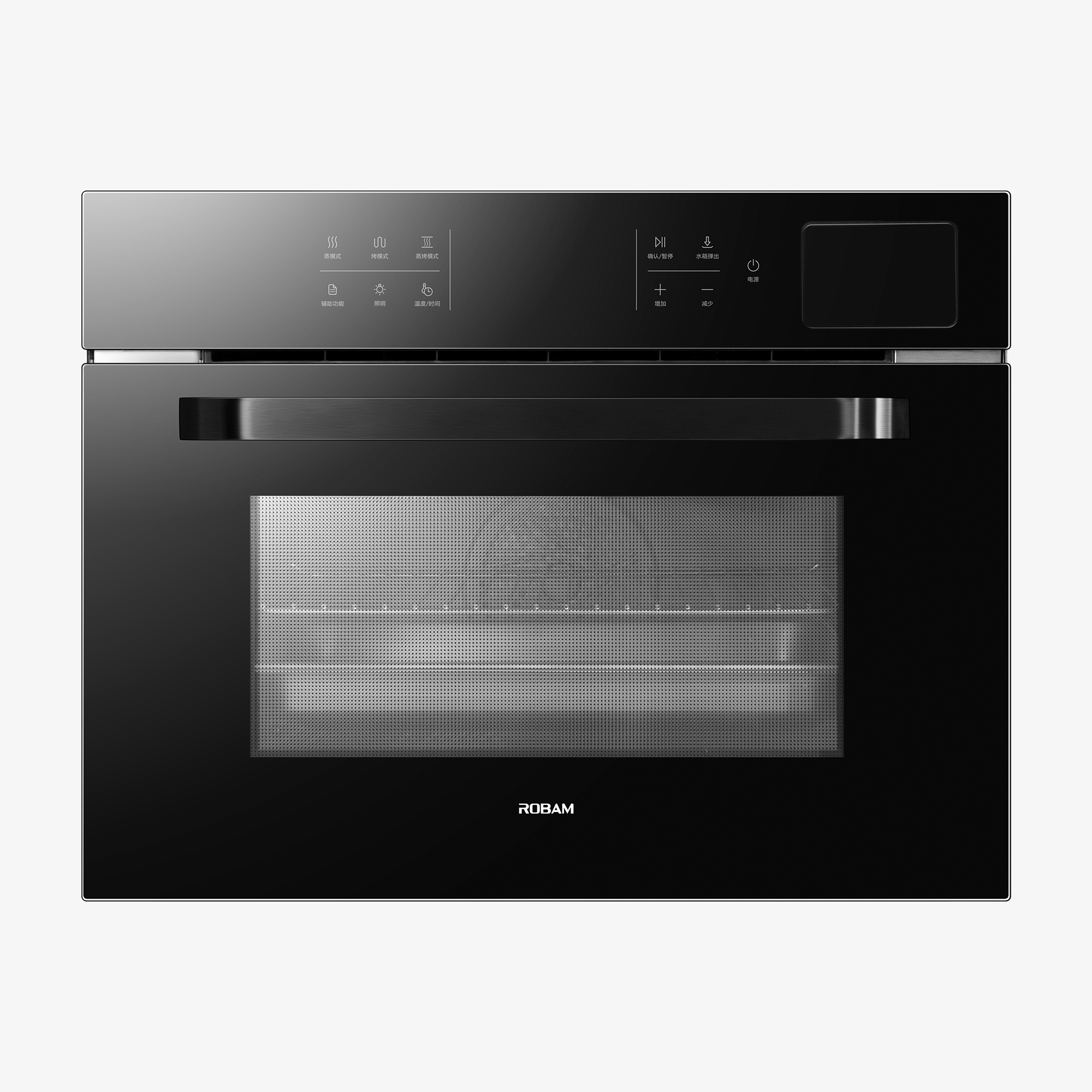 Black glass built-in steam oven with digital control panel and windowed door