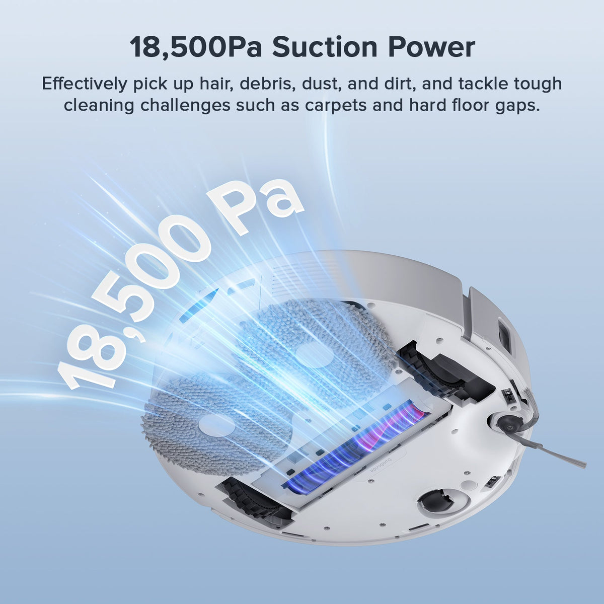 White robot vacuum underside with rotating mop and high-suction cleaning airflow view