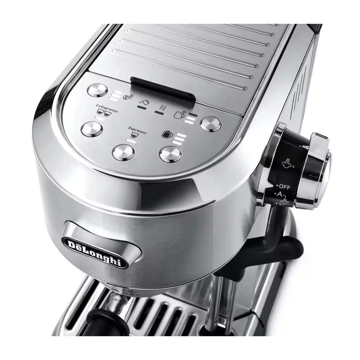 Stainless espresso machine control panel with buttons and steam knob