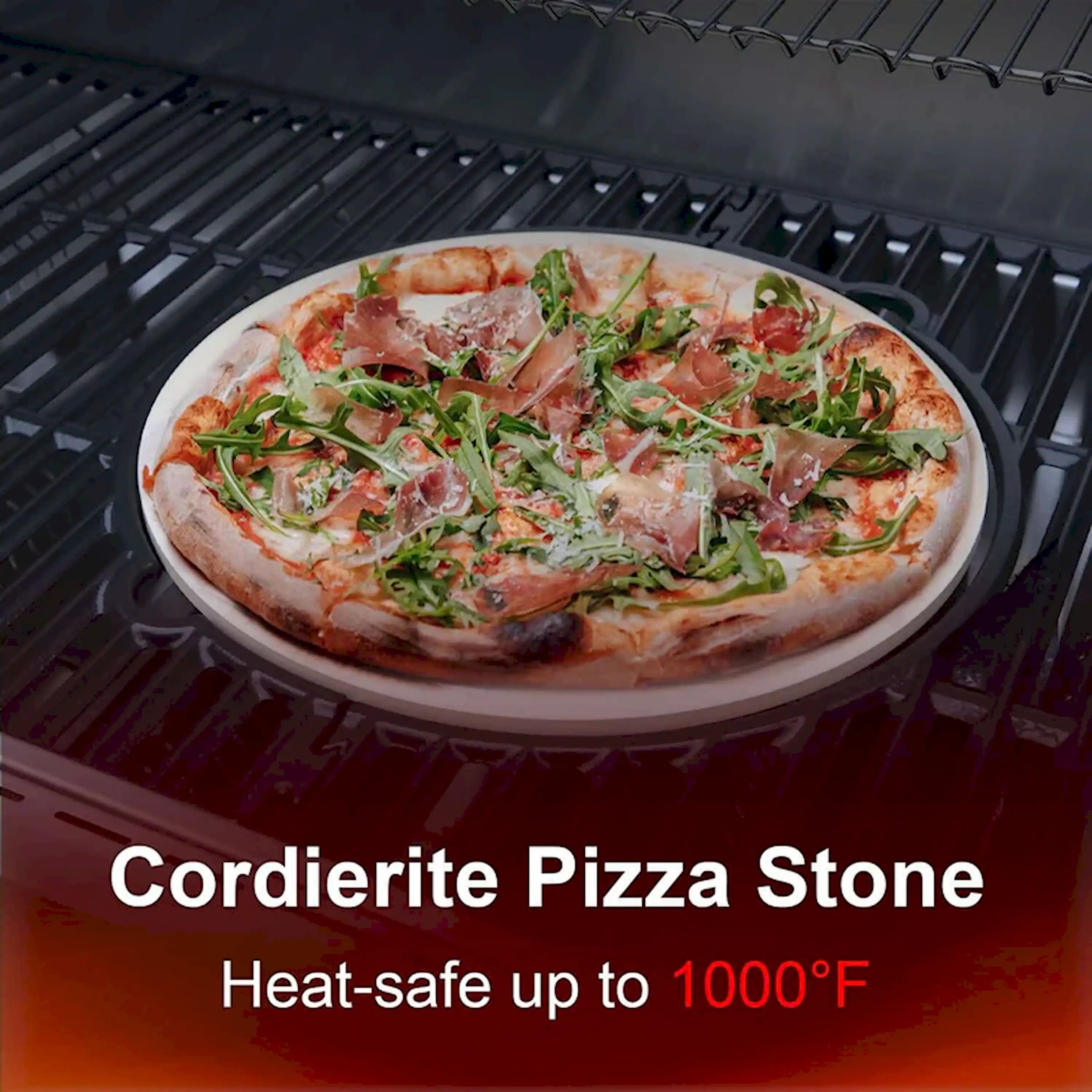 Cordierite pizza stone on grill grate with sliced pizza and arugula