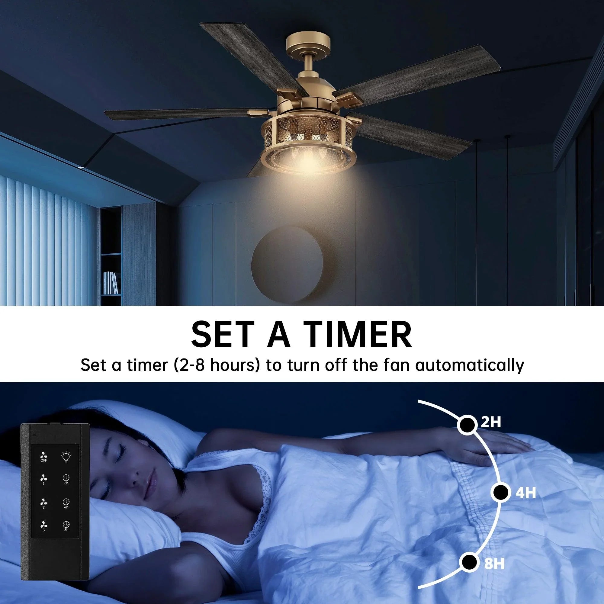 Ceiling fan with integrated light and remote timer control