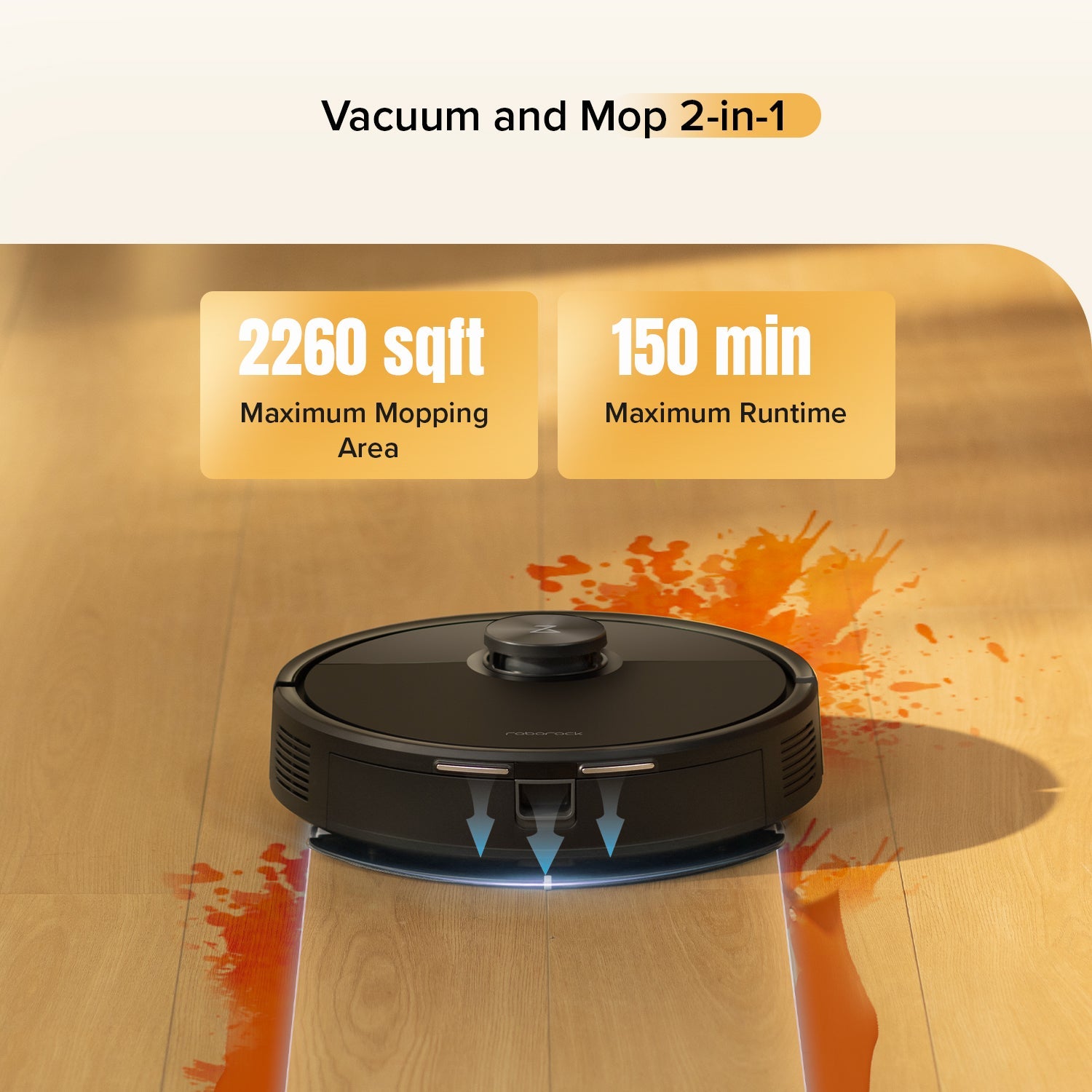 Black robot vacuum and mop showing bottom mop pad with water-cleaning spray effect
