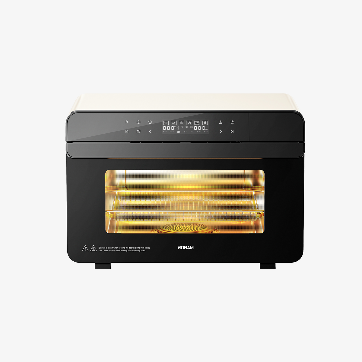 Cream white steam oven with illuminated heating elements visible through glass