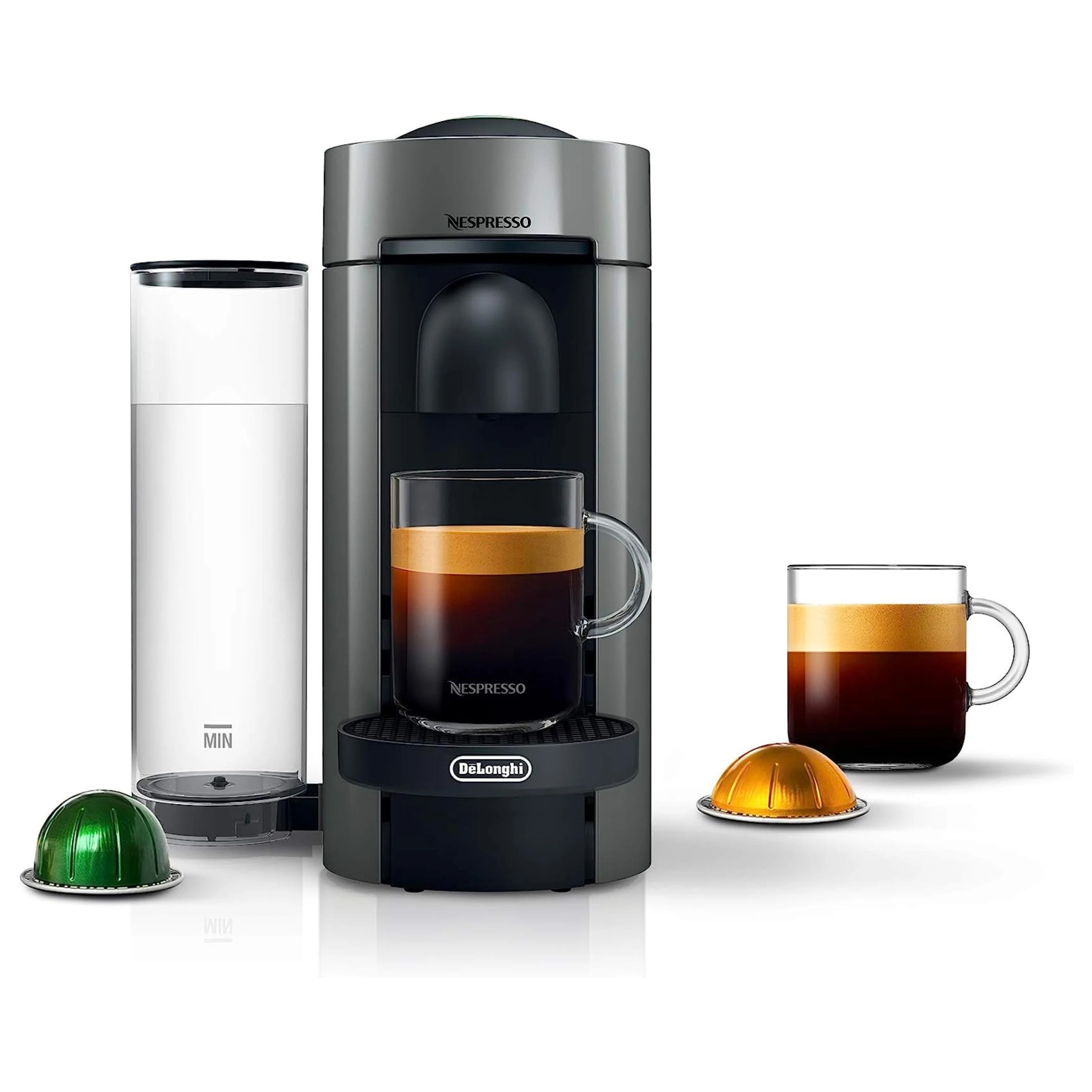 Gray De'Longhi Nespresso VertuoPlus coffee machine with mug and water carafe