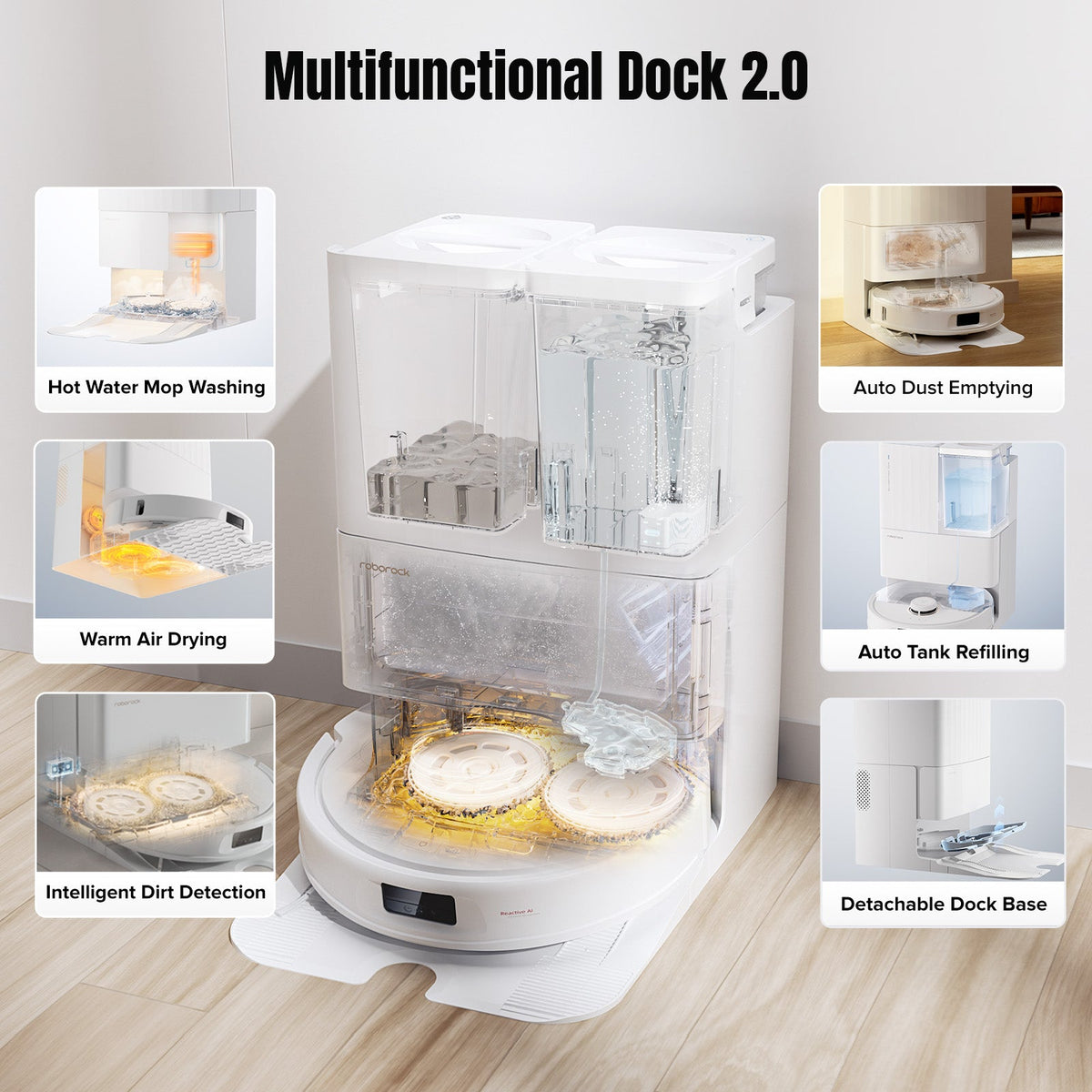 White multifunctional robot vacuum dock base with water tank and emptying compartments