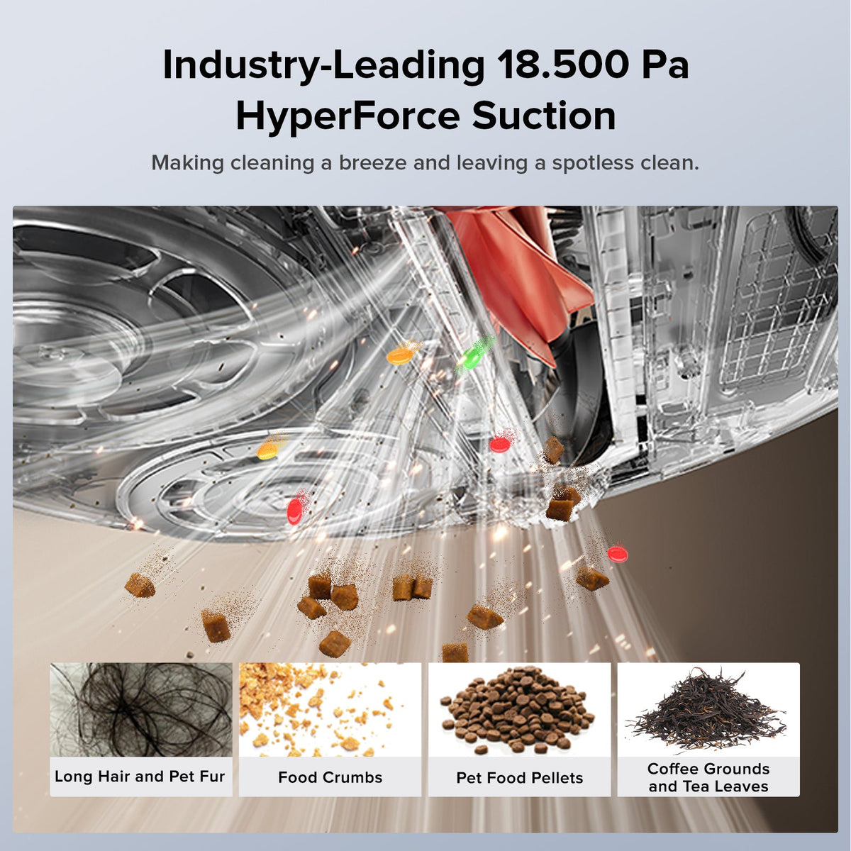 Robot vacuum suction nozzle with swirling airflow and scattered debris illustration