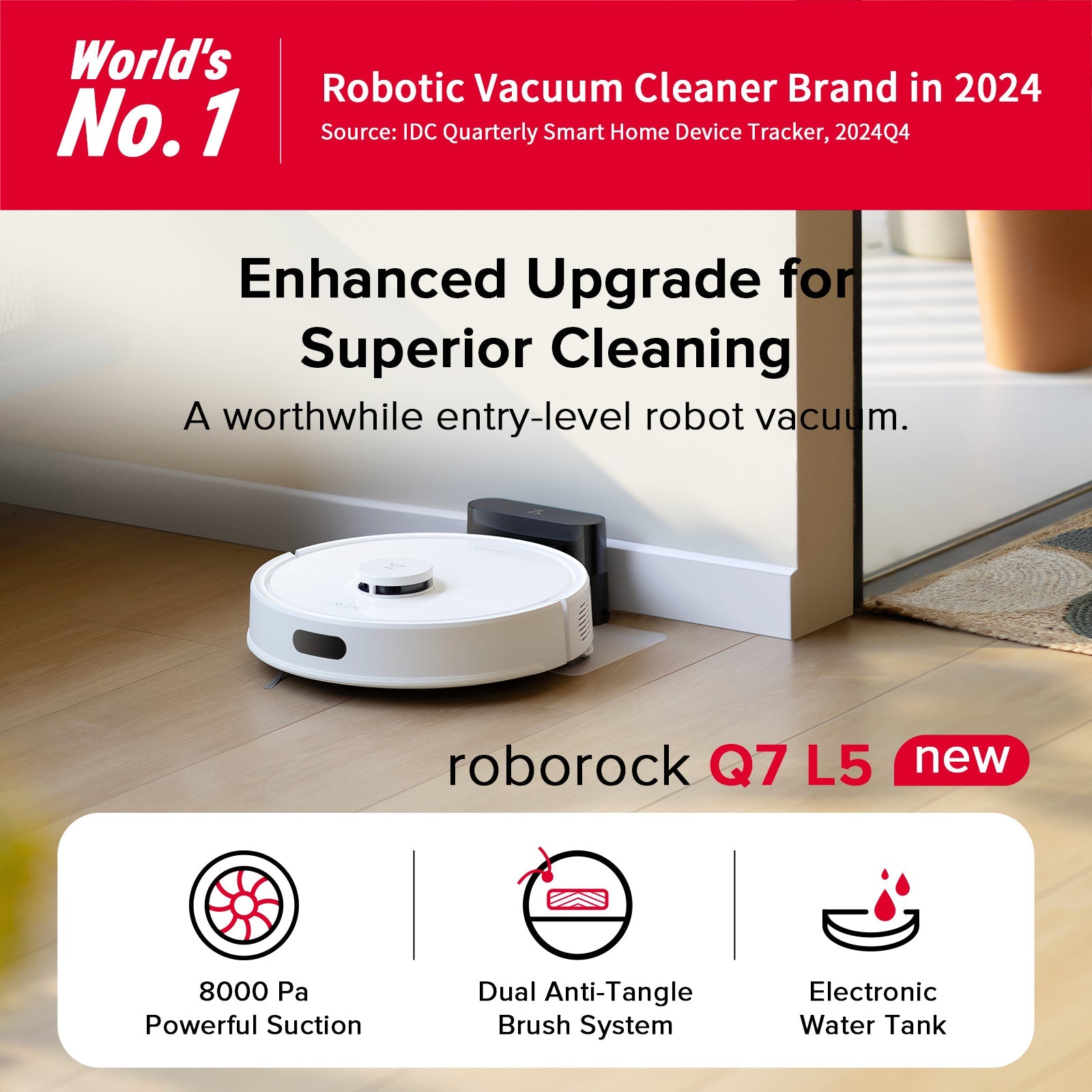 White robot vacuum with smartphone app showing power suction and brush system modes