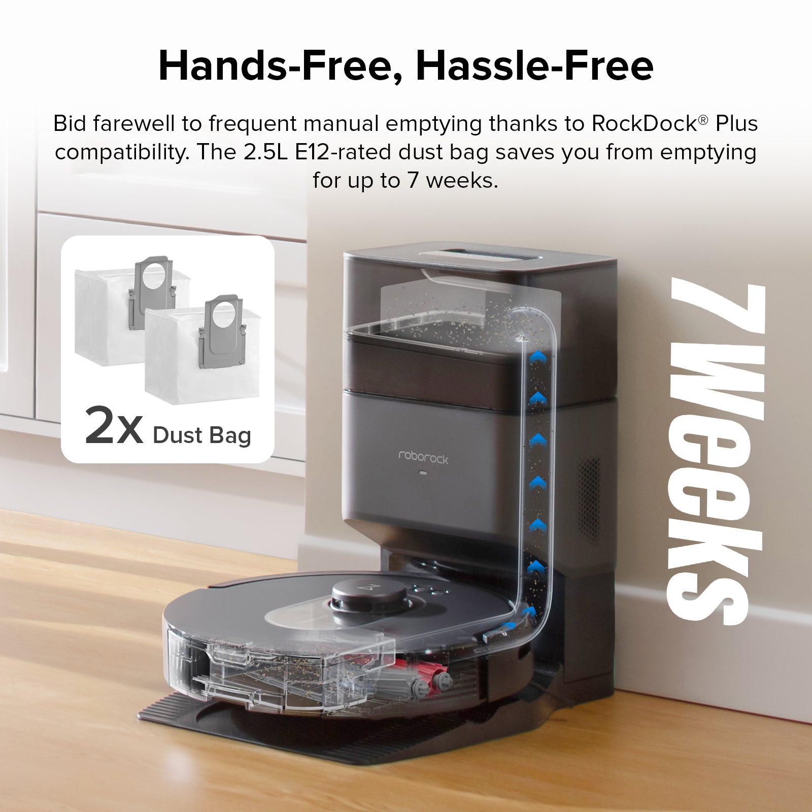 Robot vacuum docked to an auto-empty station with dust bin window