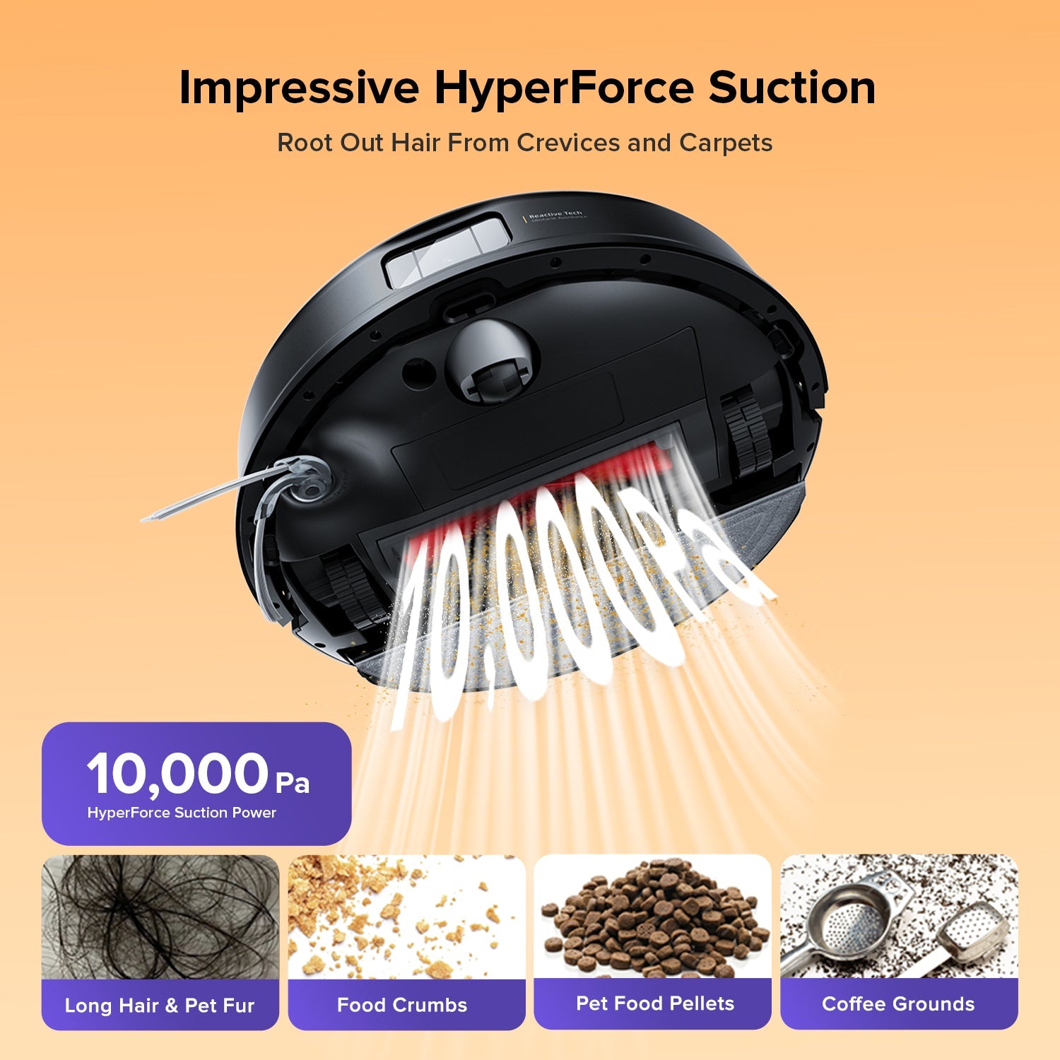 Black Roborock robot vacuum and mop underside with visible suction air flow
