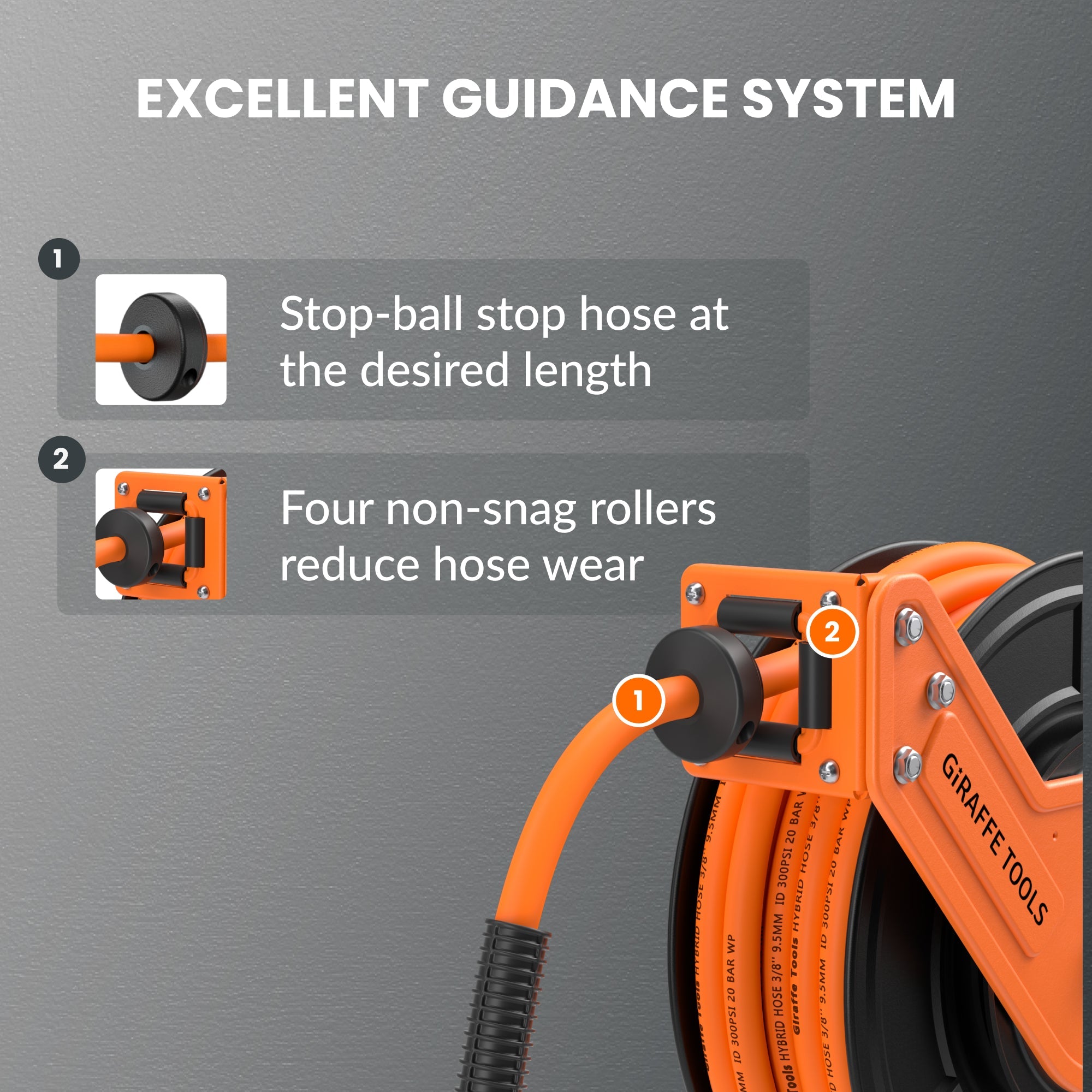 Retractable air hose reel with roller hose guide near the drum