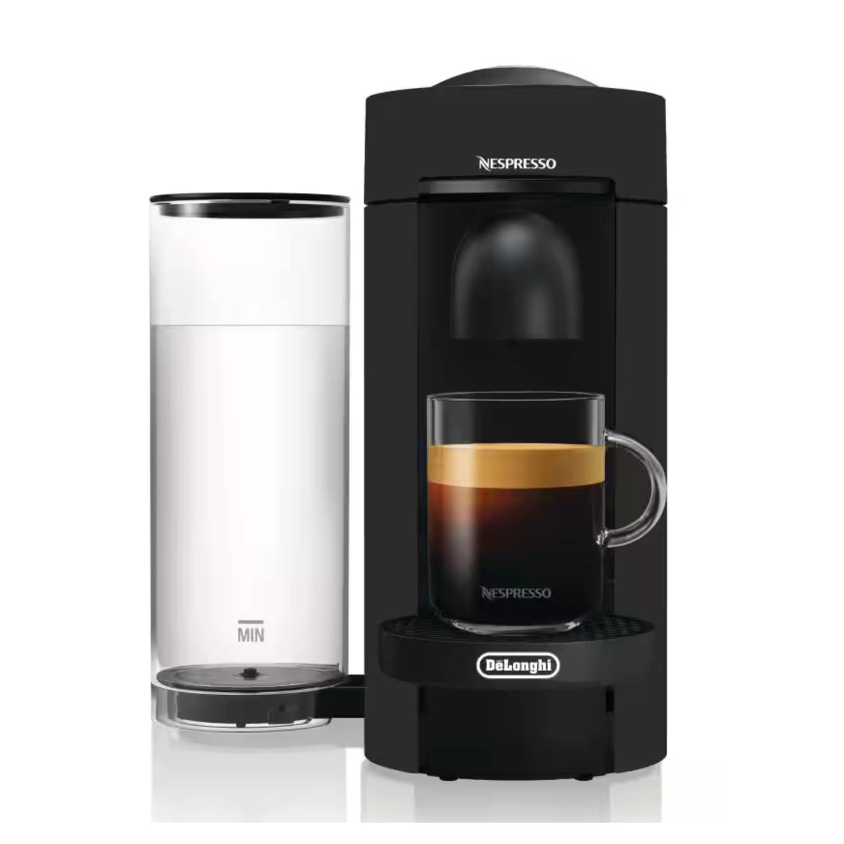 Black Nespresso VertuoPlus coffee machine with drip tray and mug