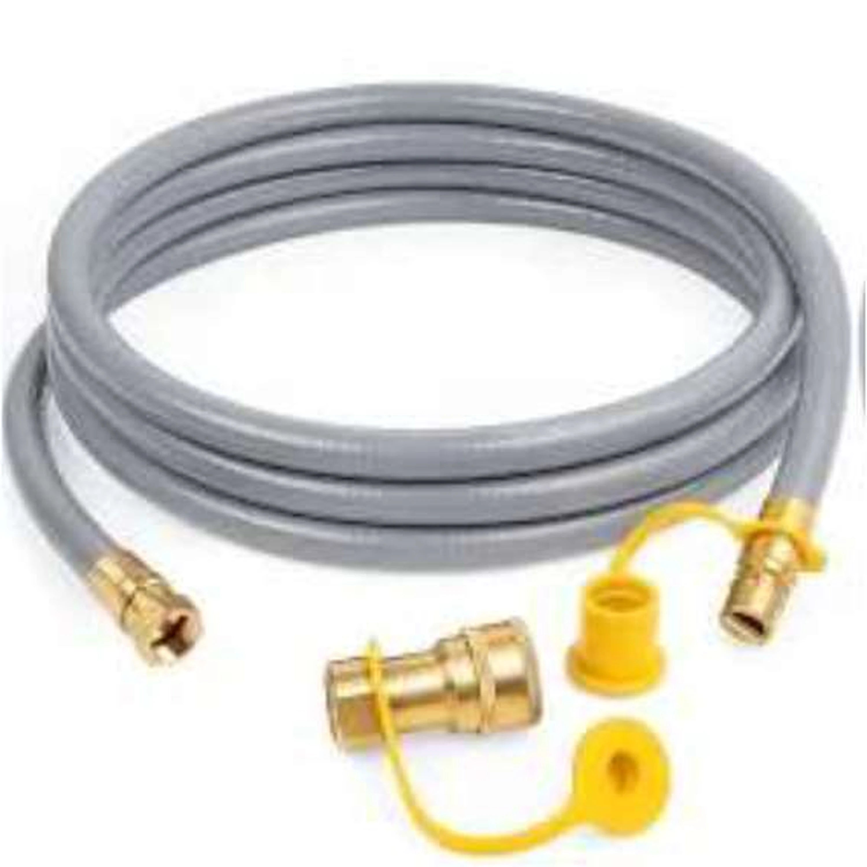 6 ft quick-connect gas hose with gray tubing and brass fittings