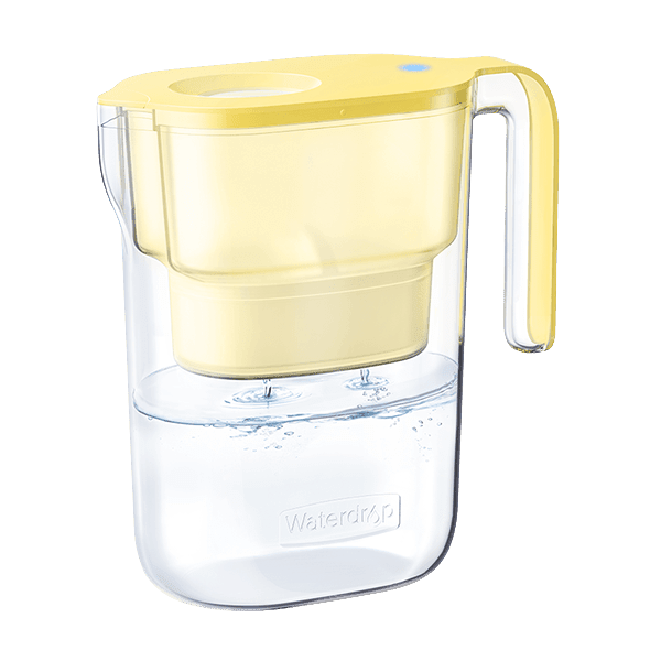 Yellow water filter pitcher with hinged flip-top lid and built-in spout