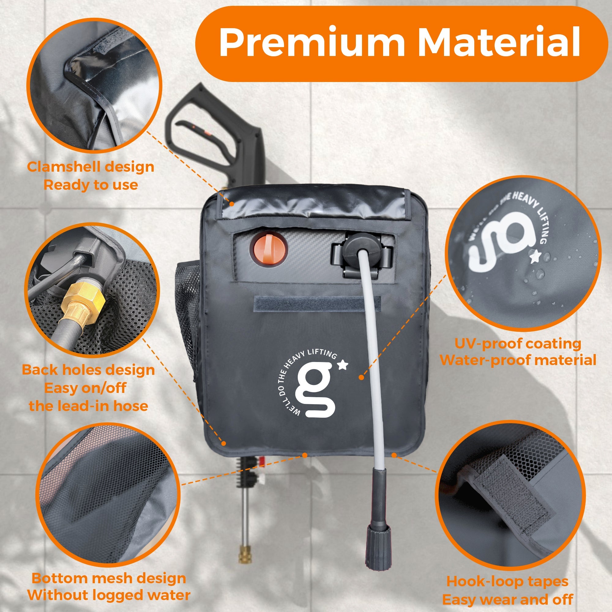 Black pressure washer cover bag with mesh pockets, zipper access panel, and hook-loop strap
