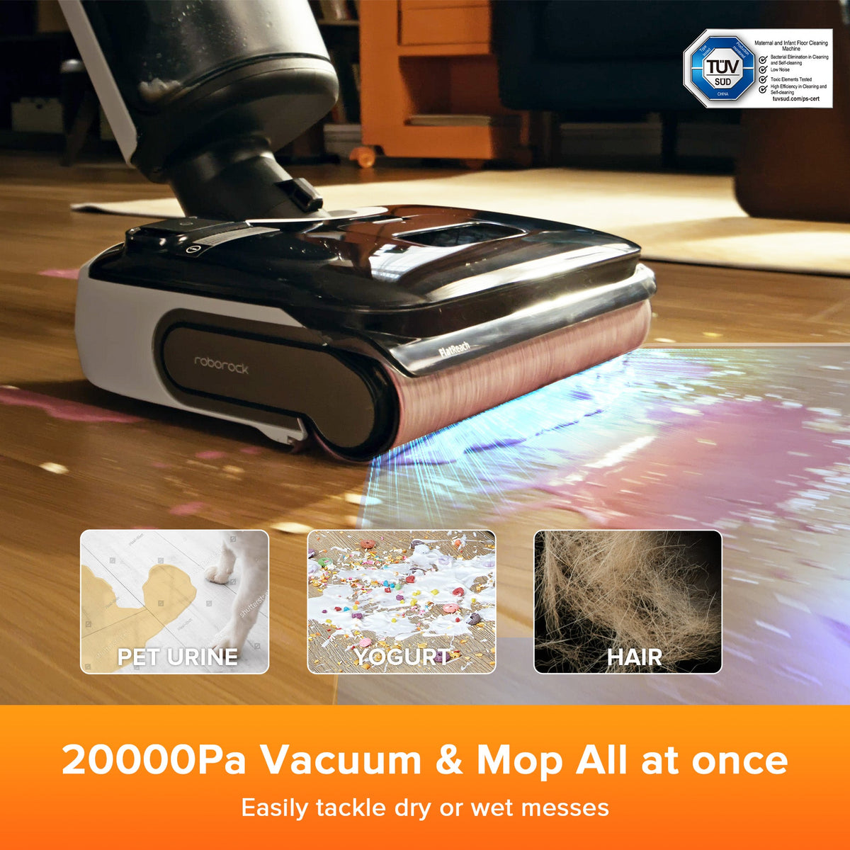 Roborock F25 LT wet and dry vacuum and mop base, black and white, with spinning brush head.