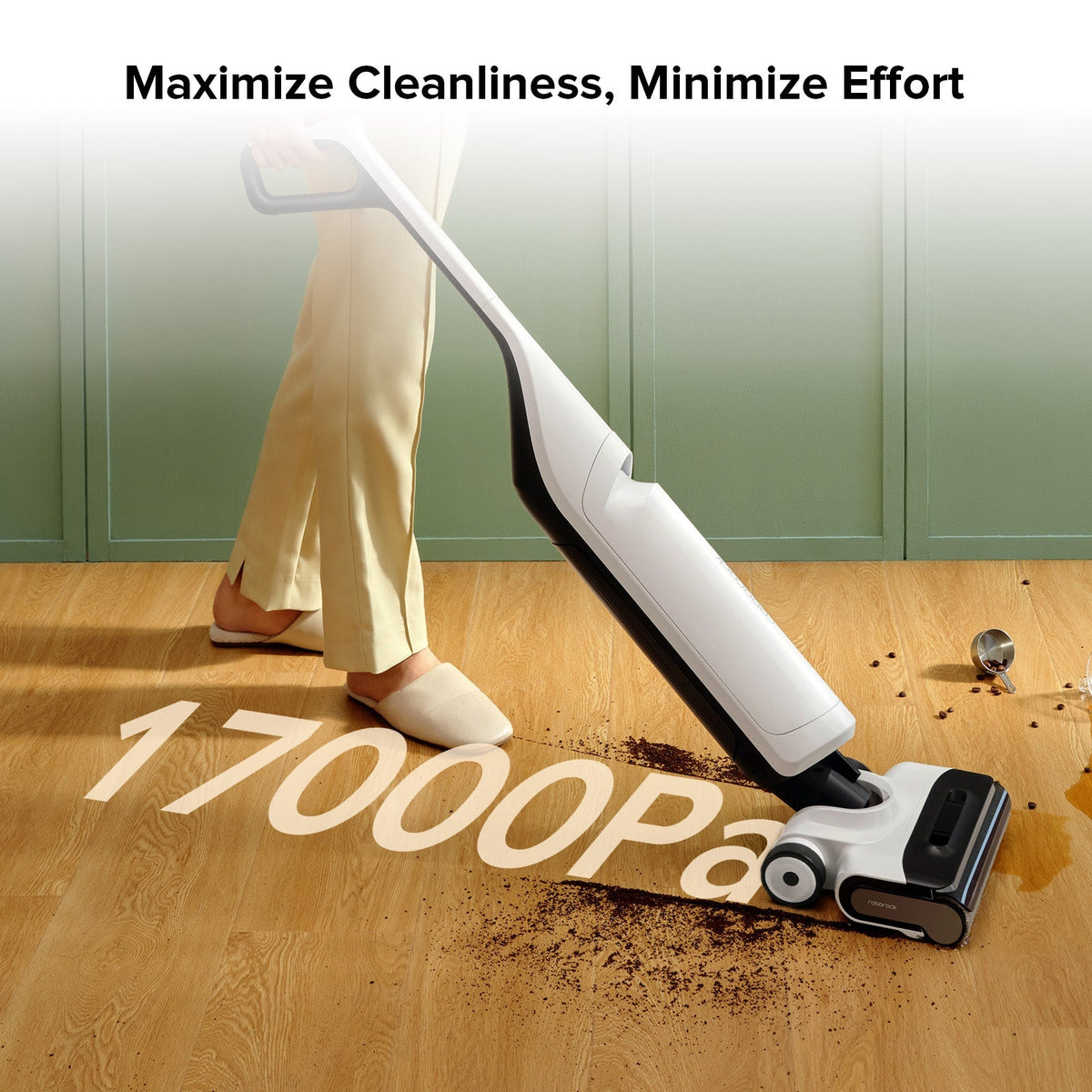 White wet and dry vacuum cleaner with flat mop head cleaning hardwood floor debris