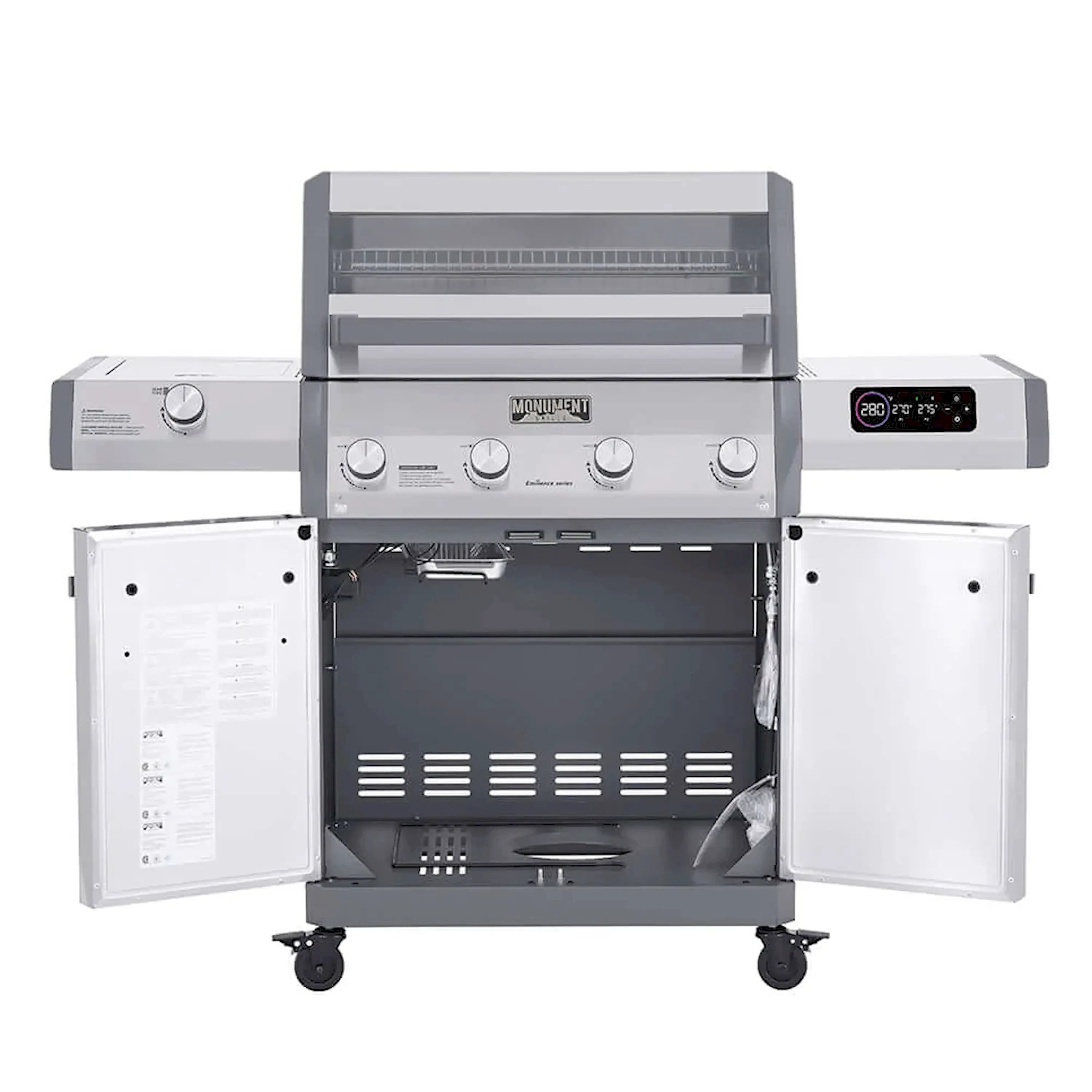 4-burner stainless steel propane grill with side cabinet doors and control knobs