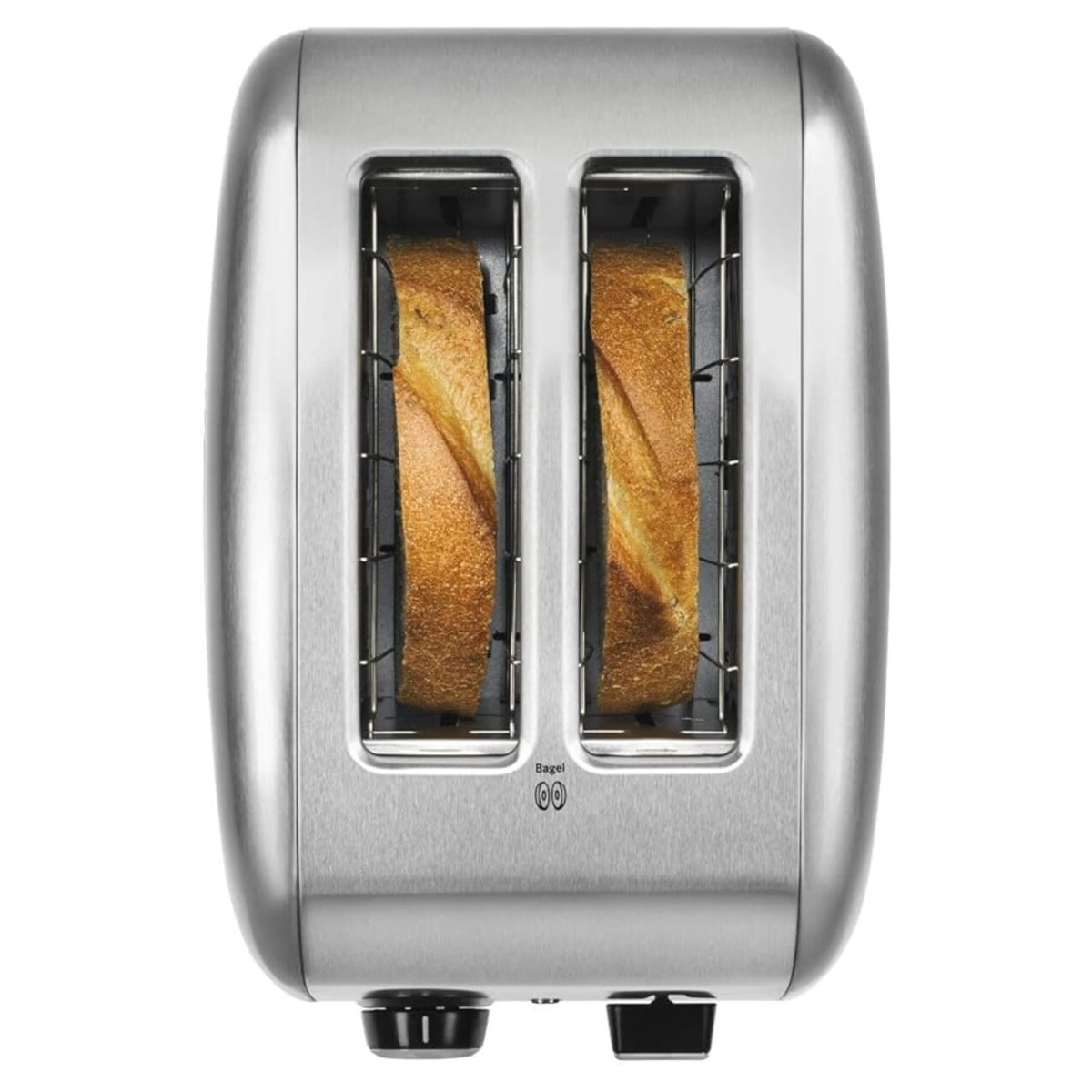 Brushed stainless steel 2-slice toaster with two slices of toast visible in slots